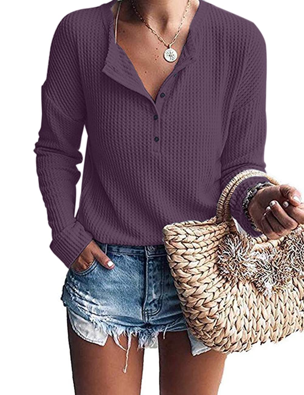 WNEEDU Women's Waffle Knit Tunic Top - Loose Fit Long Sleeve Button Up V-Neck Henley Shirt for Casual Wear, Office & Fall Outfits | Comfortable & Stylish Blouse for Everyday Fashion