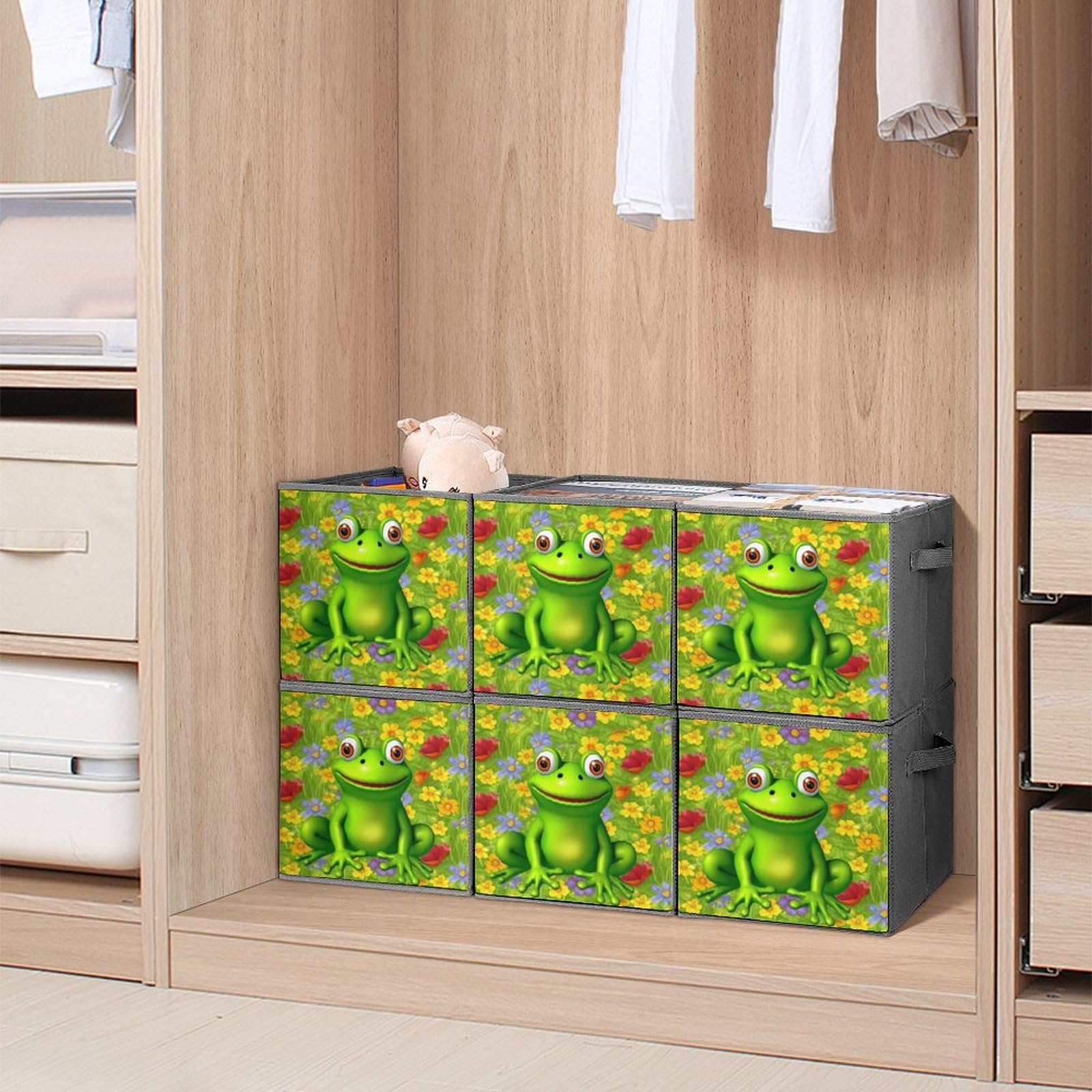 6-Pack Collapsible Frog Storage Bins with Handles - Large Closet Organizer, Clothing Storage Boxes for Home Organization | Perfect for Bedroom, Nursery, Kids Room & Laundry Room Storage