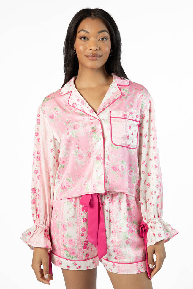 Pink Multi Floral Long Sleeve Satin Pajama Top for Women - Soft Sleepwear for Comfortable Nights & Relaxing Evenings at Home