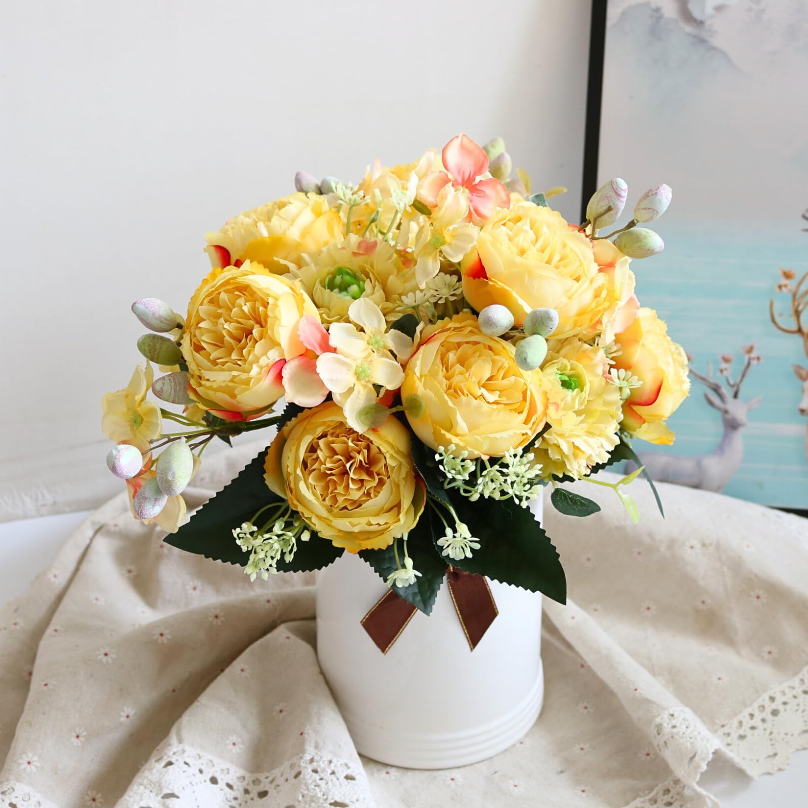 2Pcs Yellow Artificial Peony Silk Hydrangea Flowers - Realistic Fake Peonies Bouquet for Wedding Centerpieces, Home Decor, Party Arrangements - Perfect for Table Decor, Vase Displays & Event Styling