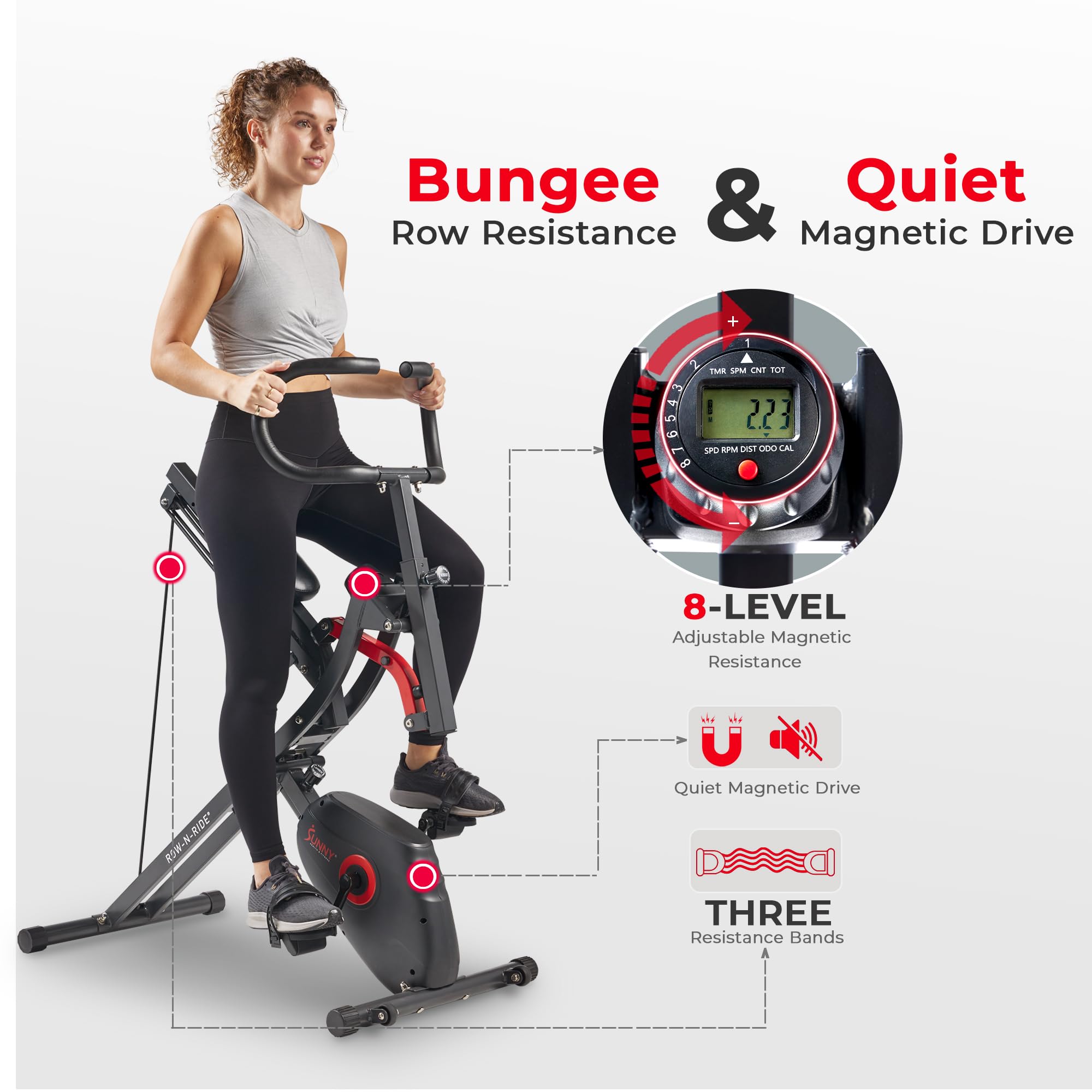 Sunny Health & Fitness Row-N-Ride PRO Full Body Workout Machine with Resistance Bands - Home Gym Equipment for Cardio, Squats & Ab Exercises | Connects to SunnyFit App | Perfect for Small Spaces & Home Fitness Routines
