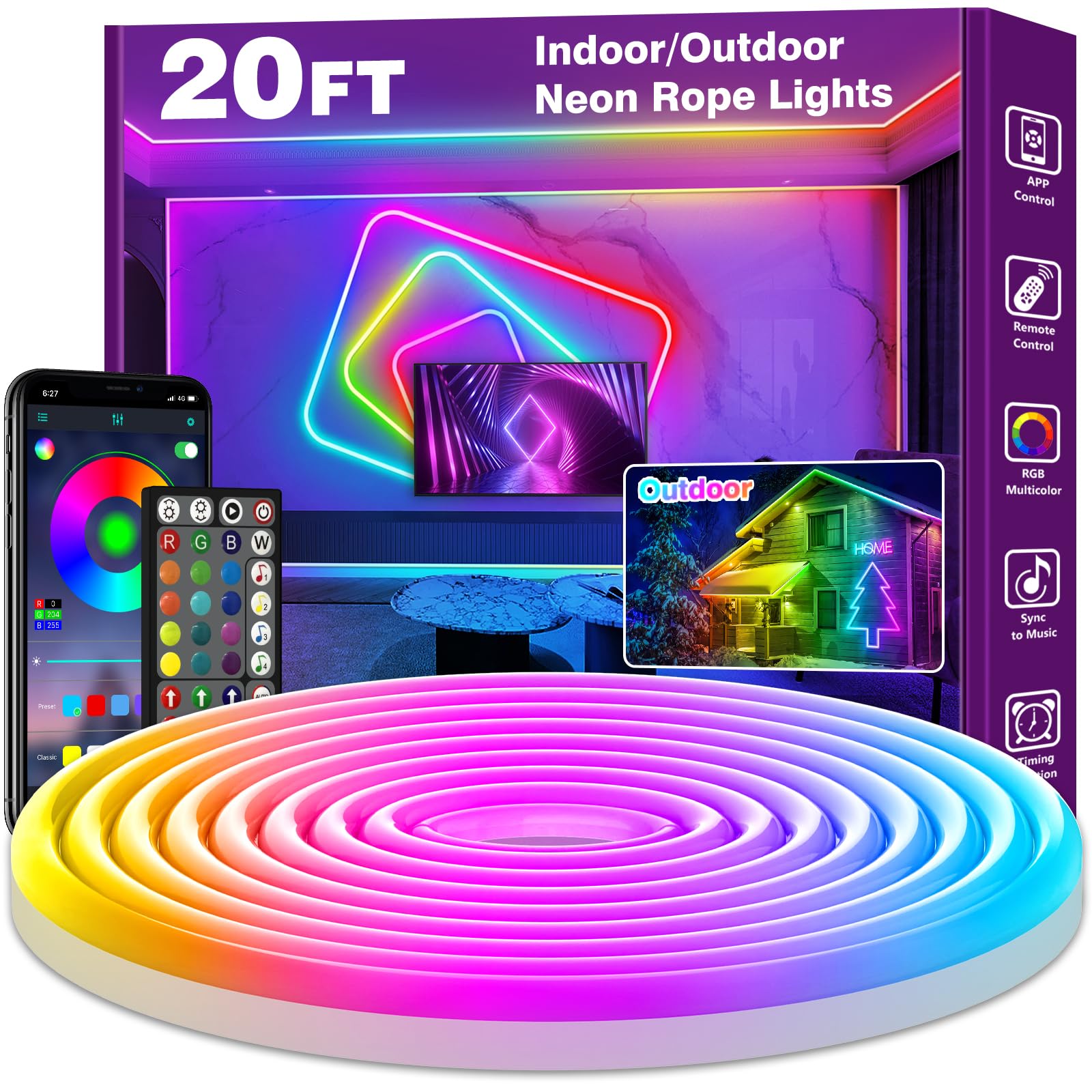 AILBTON 20Ft LED Neon Rope Lights - Flexible RGB Strip with App/Remote Control, 16+ Color Modes, IP65 Waterproof for Indoor/Outdoor Use - Perfect for Bedroom Decor, Gaming Setup & Party Lighting