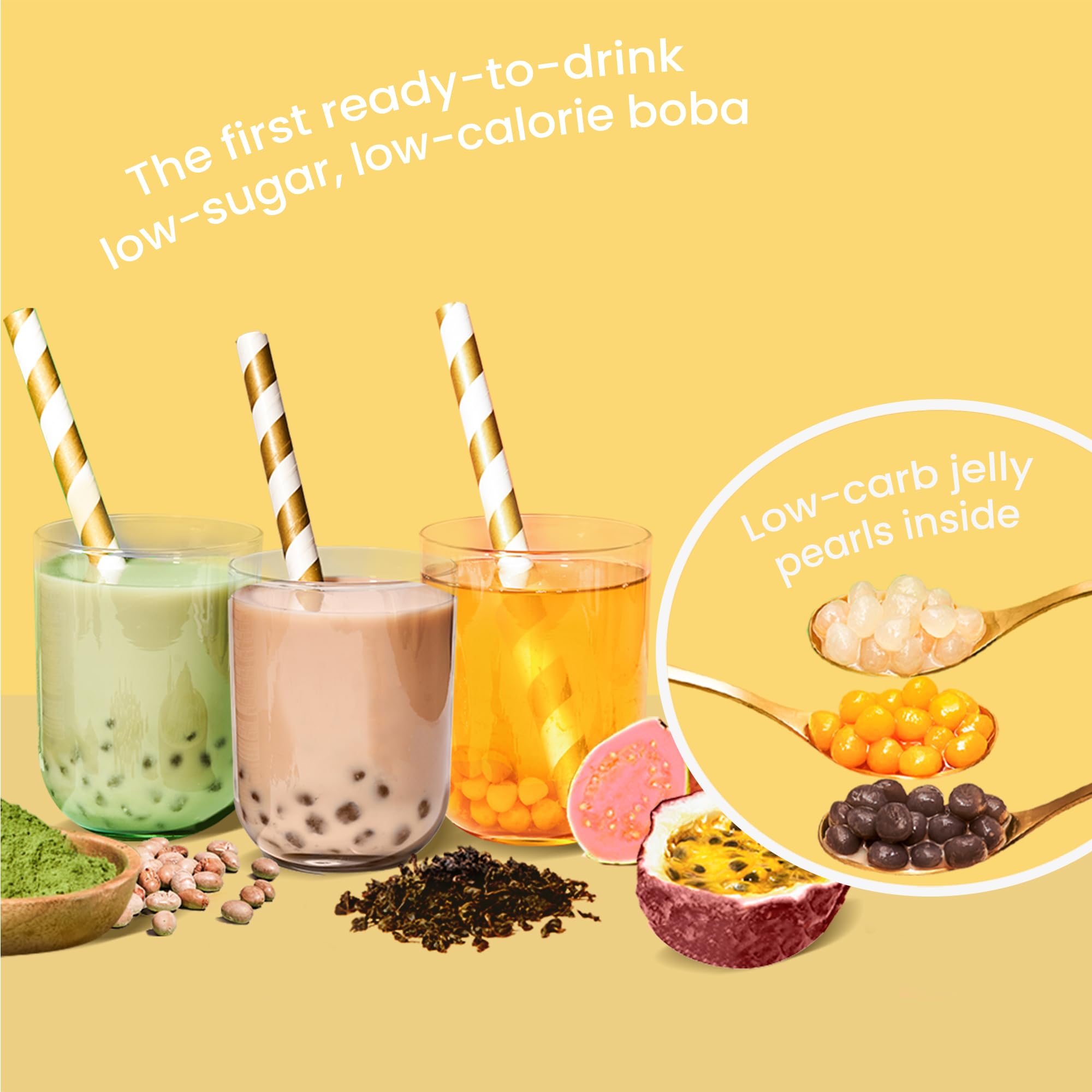BUBLUV Low Sugar Bubble Tea with Low-Carb Jelly Pearls - 3 Flavor Variety Pack (Black Milk Tea, Matcha Soy Latte, Passionfruit Oolong Guava) - Ready-to-Drink Boba Tea in Glass Bottles, Low Calorie & Low Sugar Beverage - Perfect for Office Snacks, Afternoon Tea, and Healthy Lifestyle (Pack of 6, 9.5 fl oz Each)