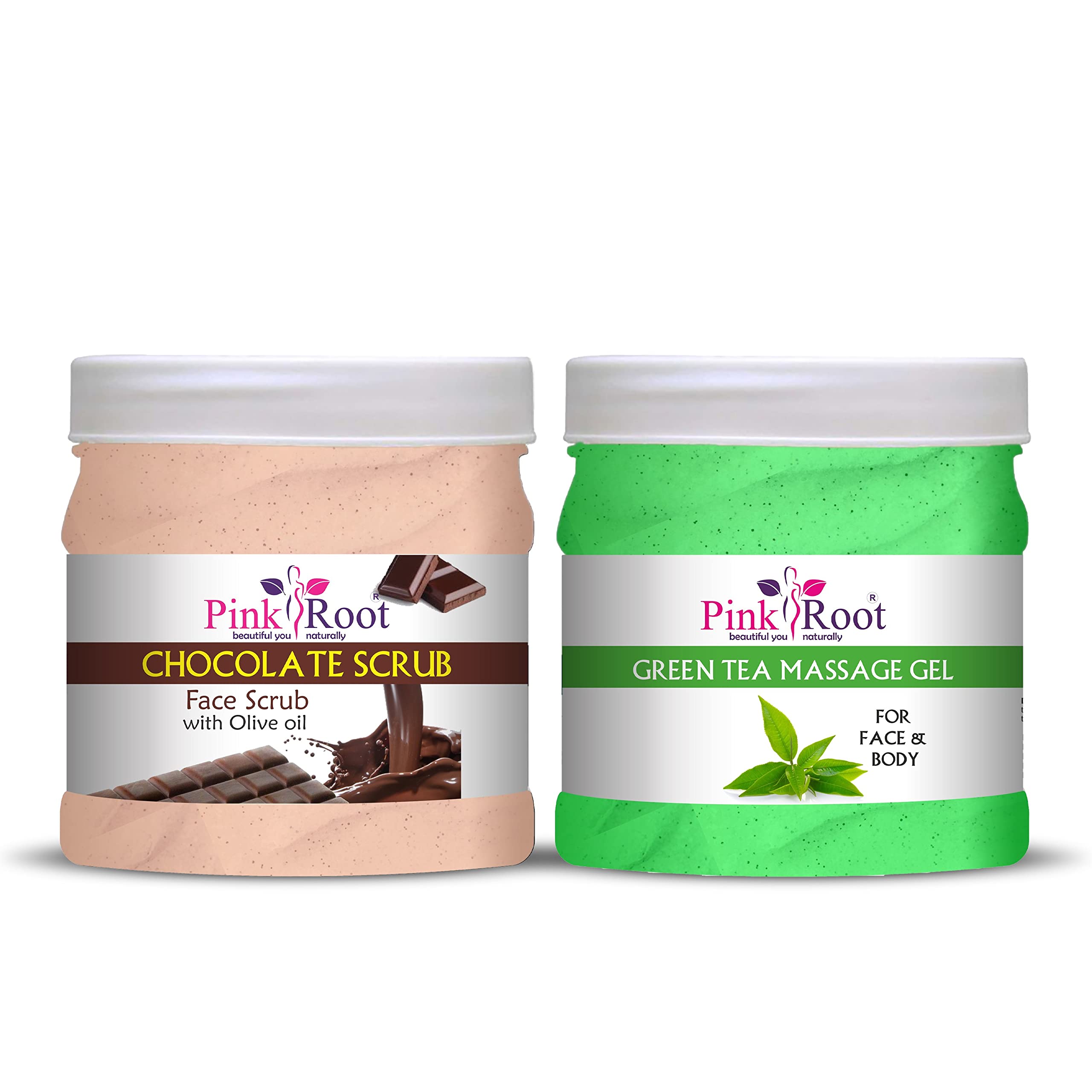Organic Pink Root Green Tea Massage Gel & Chocolate Body Scrub Set - 500ml Each - Relaxing Spa Treatment for Stress Relief & Skin Exfoliation - Perfect for Home Spa Days, Couples Massage & Self-Care Routines