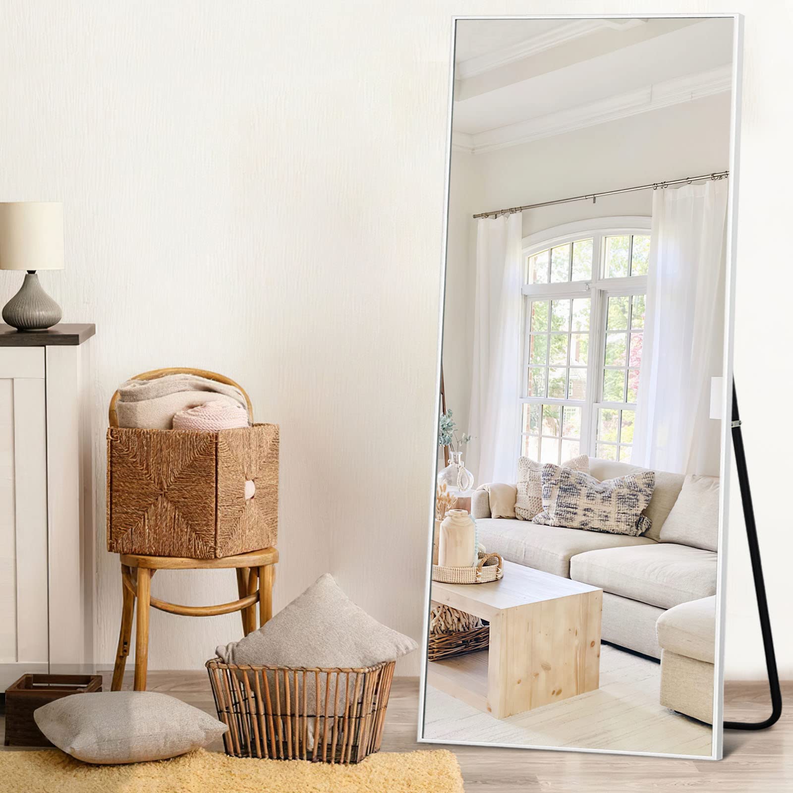 PexFix 64x21 Inch Full Length Floor Mirror with Stand - White Full Size Wall Mirror with Aluminum Alloy Frame - Hanging, Standing or Leaning Mirror for Bedroom, Living Room, Dressing Room & Gym