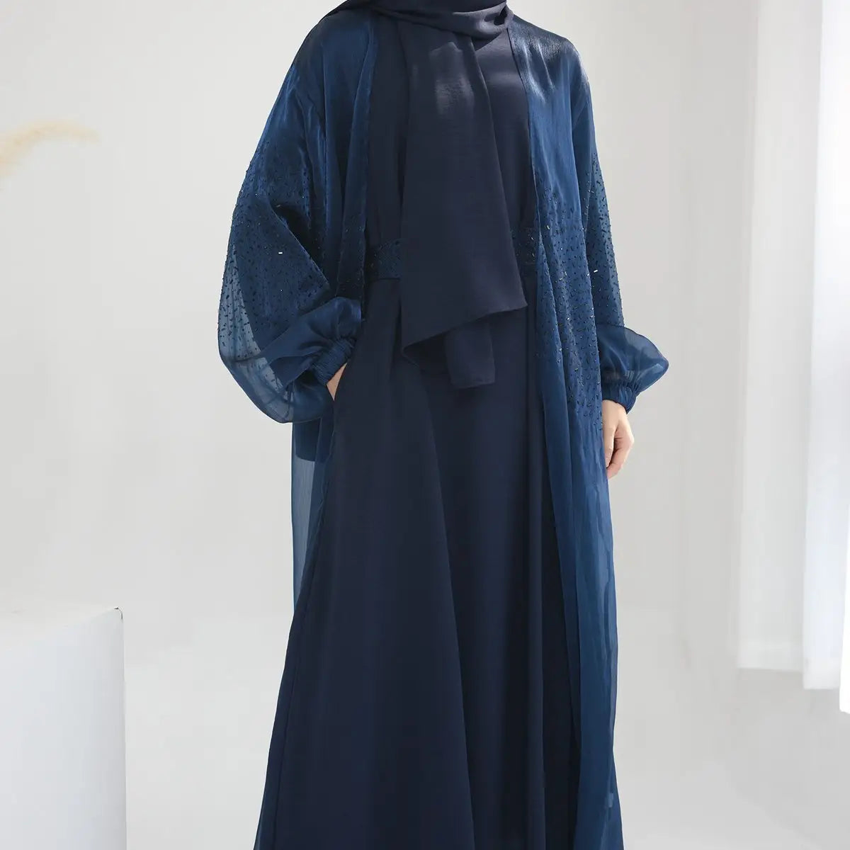 2 Piece Set Bright Wrinkle Puff Sleeve Open Abaya Dress - Elegant Muslim Women's Prayer Dress for Mosque, Eid & Special Occasions