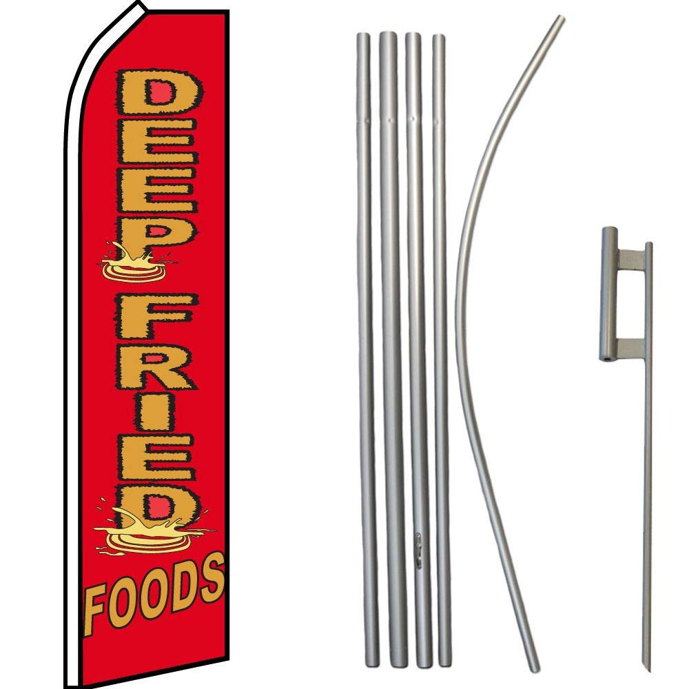 Premium AES Deep Fried Foods Themed Red & Orange Swooper Super Flag with 16ft Heavy Duty Flagpole Kit & Ground Spike - Perfect for Tailgating, BBQ Parties, Sports Events & Patriotic Home Decor