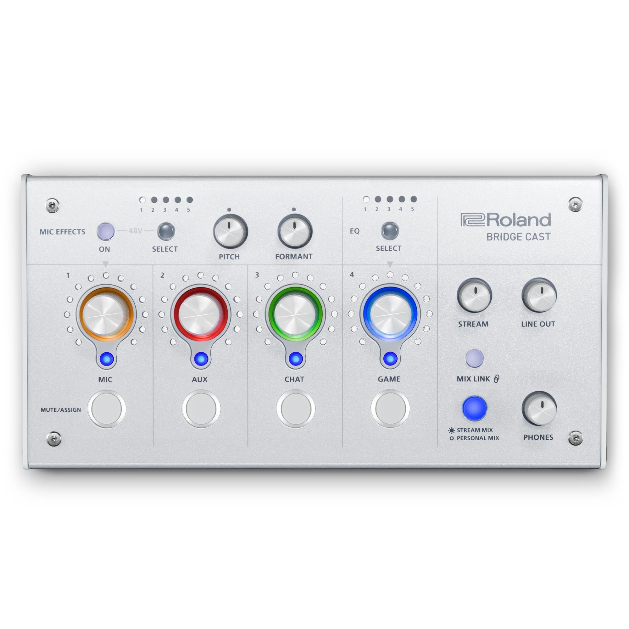 Roland BRIDGE CAST Dual Bus Gaming Mixer in Ice White - Professional Audio Streaming Interface & Mixer for Online Gamers & Content Creators | 32-Bit Hardware DSP | USB-C Windows/Mac Compatible | XLR Mic Input | Perfect for Twitch Streaming, Podcasting & Esports Tournaments