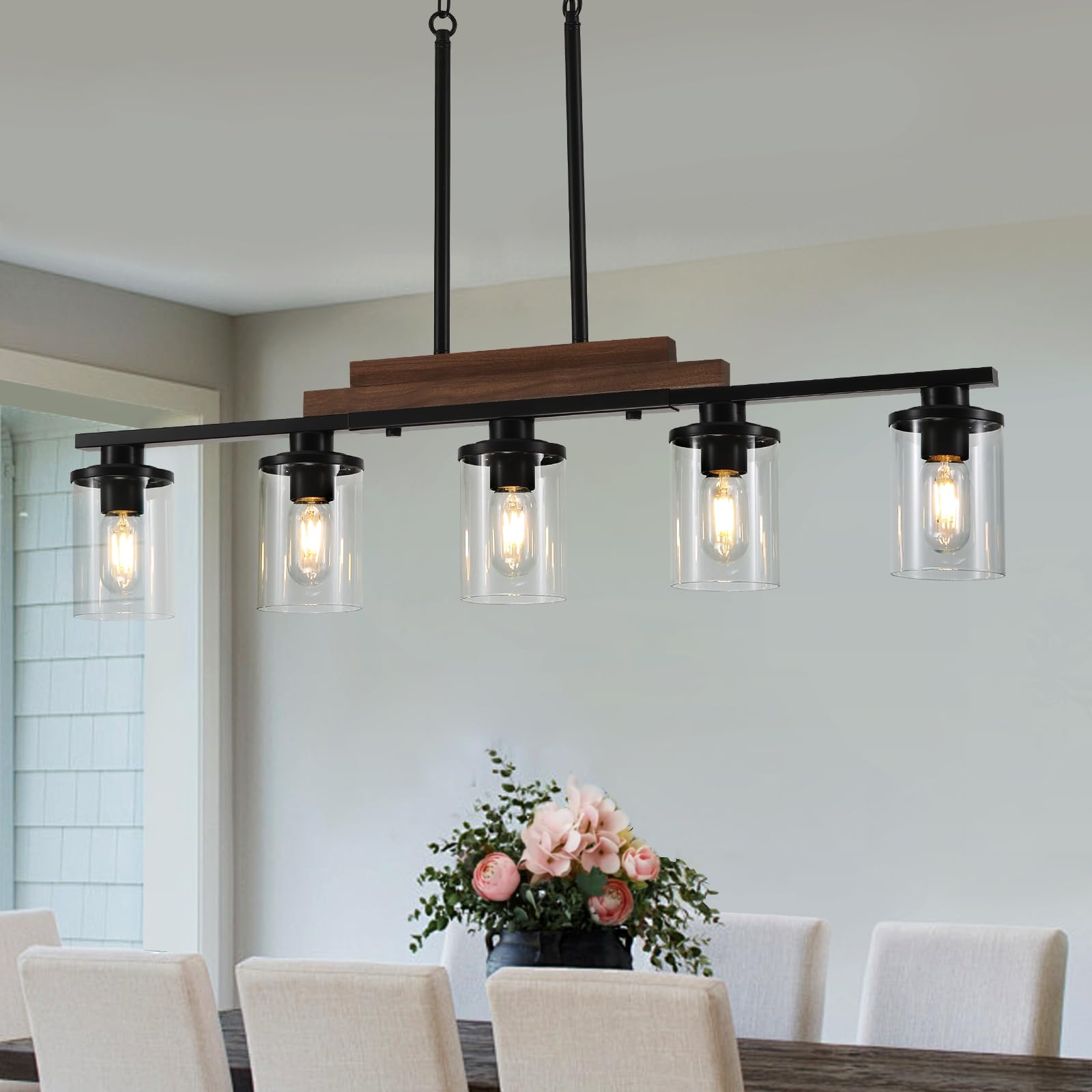 Modern Farmhouse 5-Light Linear Chandelier - Adjustable Height Kitchen Island Lighting with Clear Glass Shades, Rustic Wood Dining Room Light Fixture for Farmhouse, Industrial & Contemporary Decor (Perfect Over Dining Tables, Kitchen Islands & Open Concept Spaces)