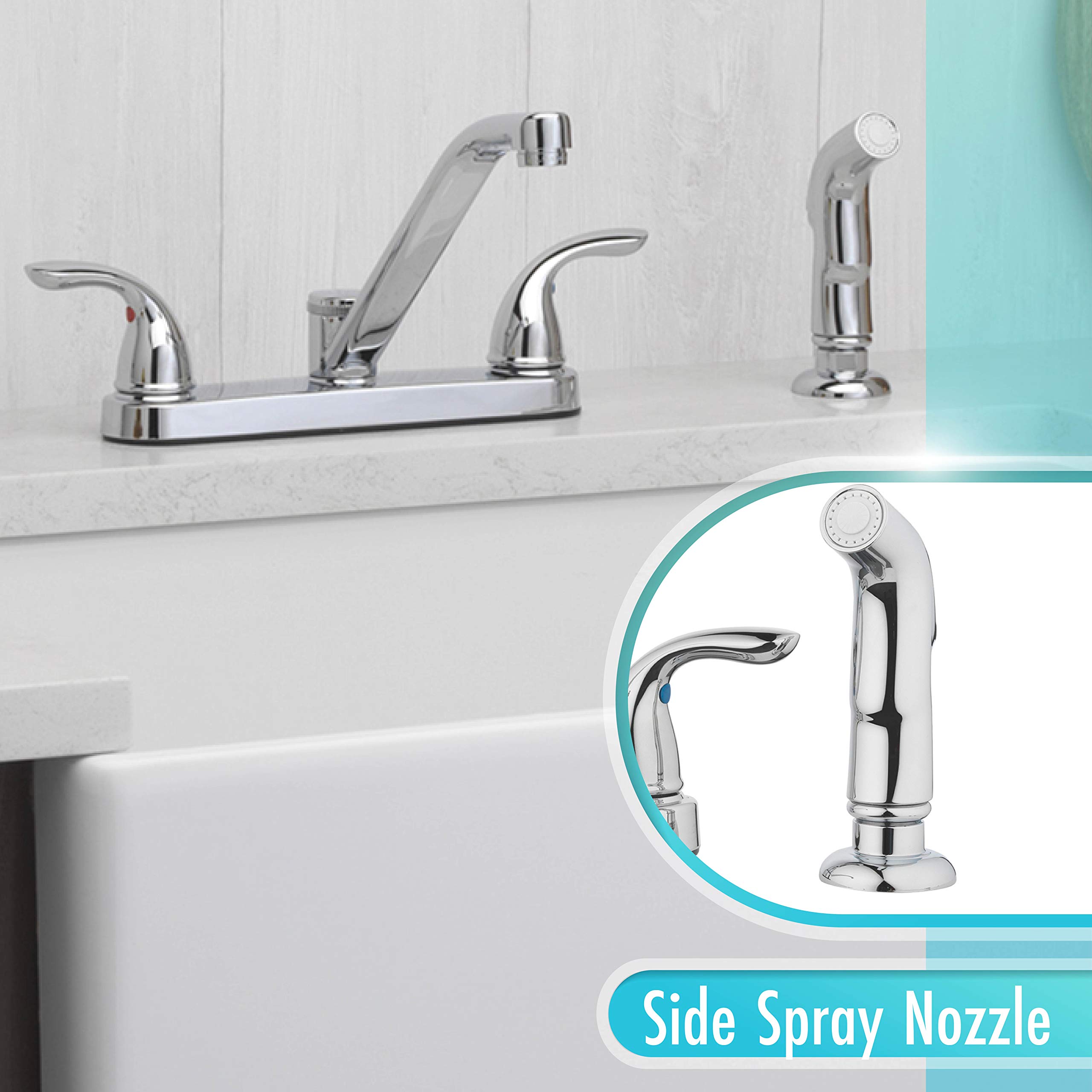 Aqua Vista 25-K82CS-CH-AV Polished Chrome Two Handle Kitchen Sink Faucet with Side Spray - Perfect for Modern Home Kitchen Renovation and Dishwashing Convenience
