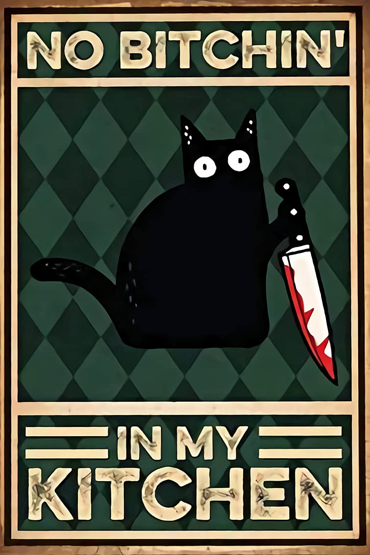 Pozino Personalized Metal Signs for Kitchen - Funny Cat Metal Sign with Vintage Style - No Bitchin in My Kitchen - Unique Cat Lover Gift & Home Decor - Perfect for Kitchen Wall Decor, Housewarming Gifts, and Cat-Themed Room Decoration