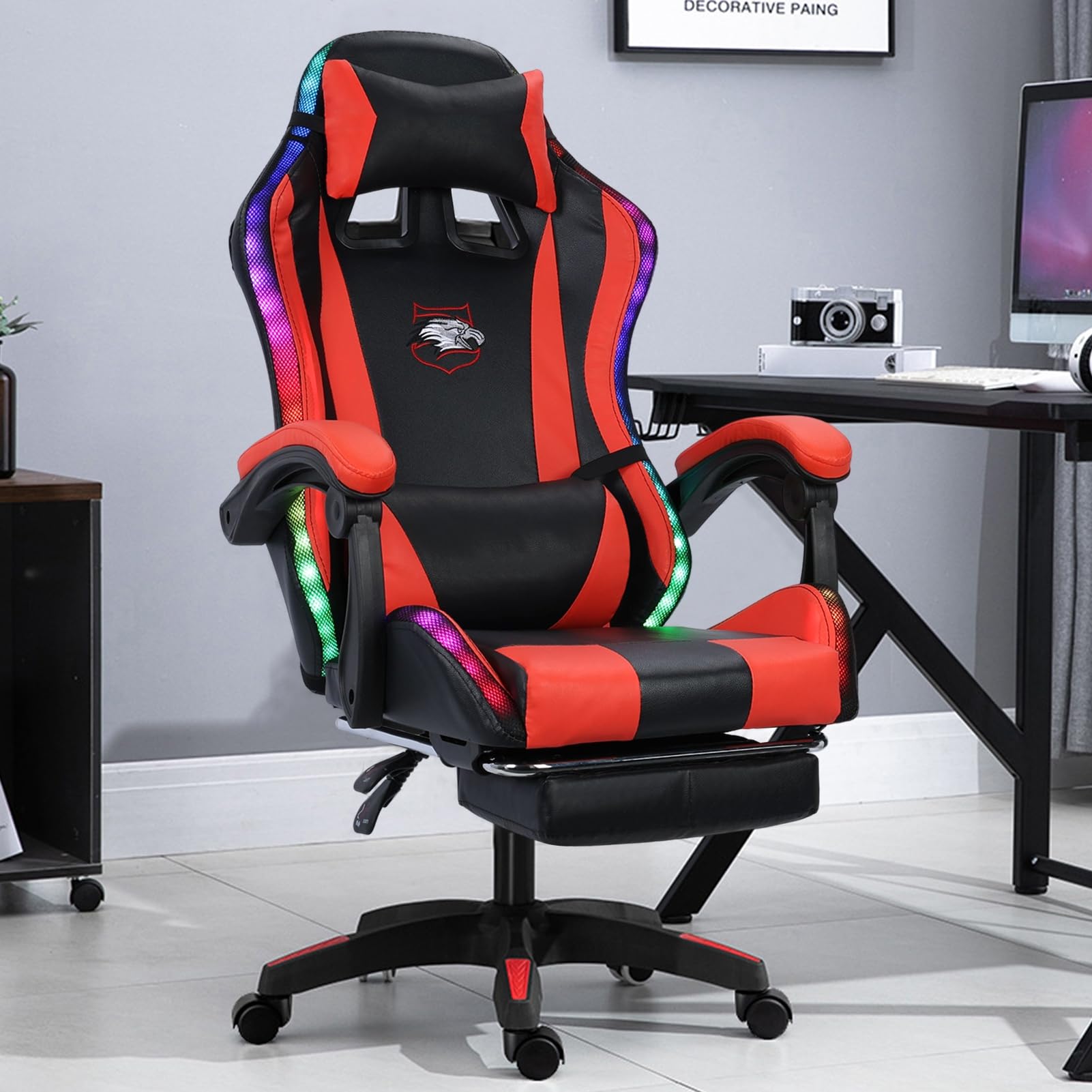 2024 New Ergonomic Gaming Chair with Bluetooth Speakers, LED RGB Lights & Lumbar Massage - 360° Swivel & Height Adjustable Computer Gaming Chair (Black & Red) - Perfect for Esports, Streaming & Home Office Setup