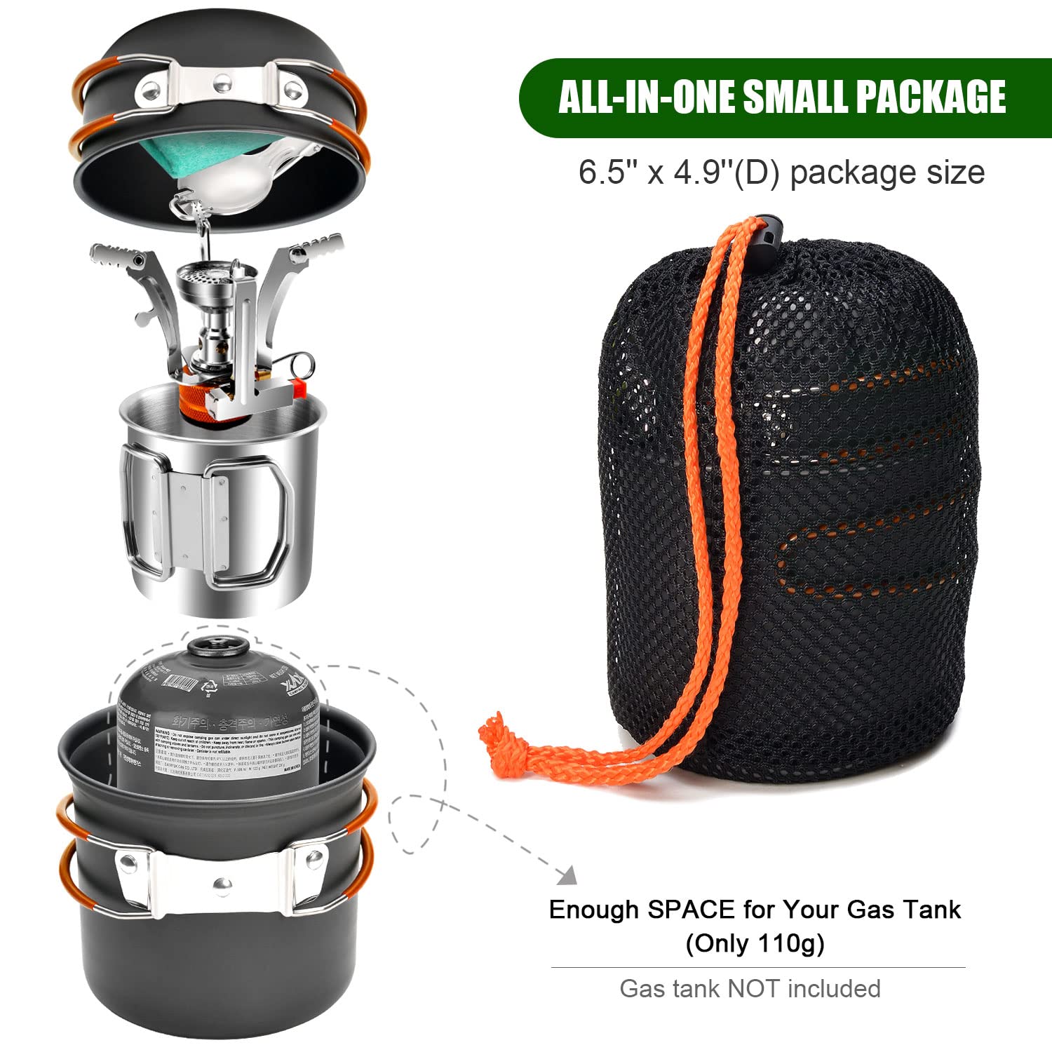 Odoland 8-Piece Camping Cookware Set with Stove, Stainless Steel Cup & Utensils - 2-in-1 Travel Cooking Kit for Outdoor Adventures, Backpacking & Picnics