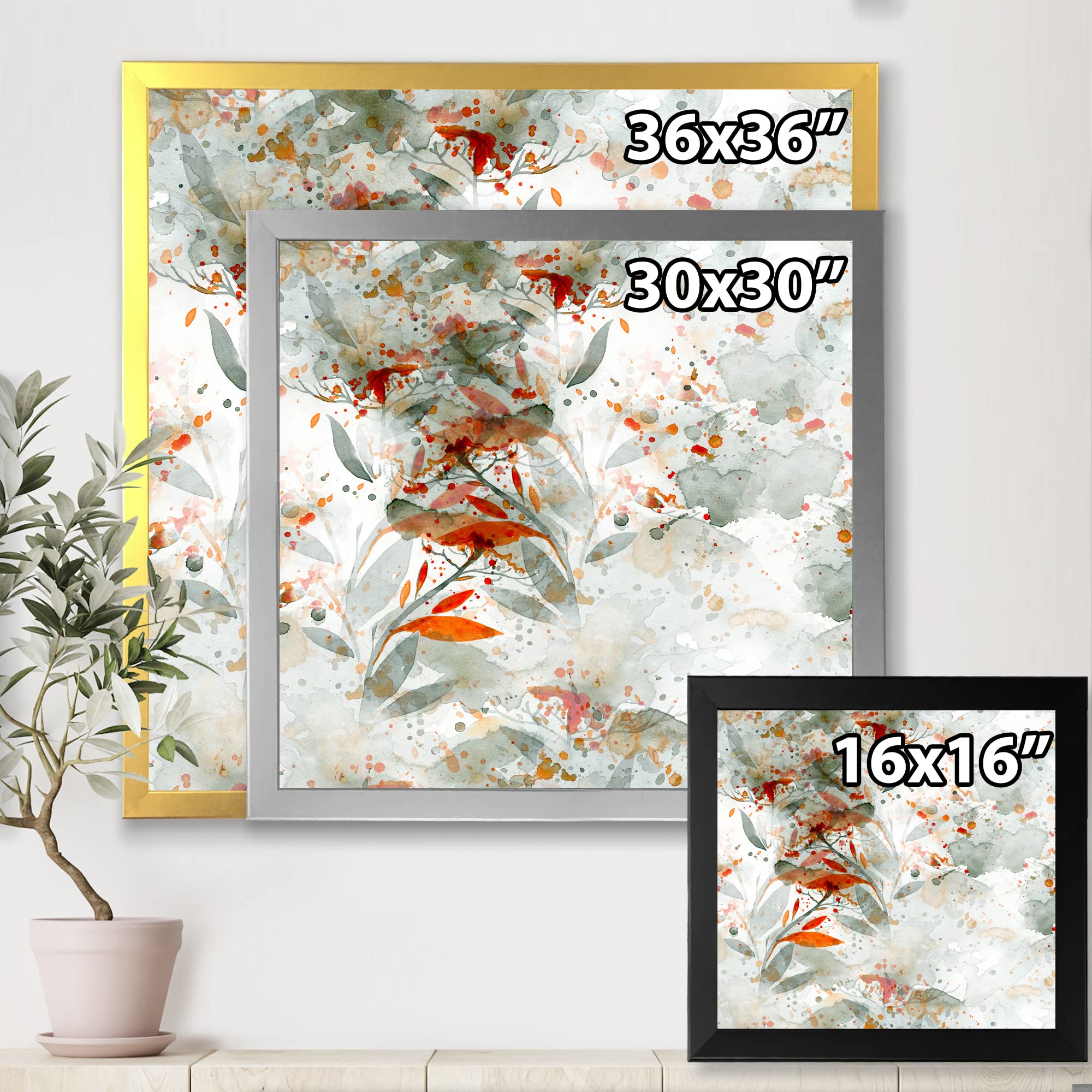 DesignQ Green and Orange Wildflowers II Modern Framed Wall Art - Vibrant Floral Canvas Painting for Living Room, Bedroom & Office Decor
