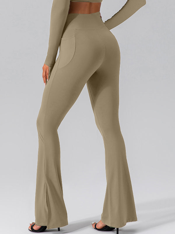 ZASUWA Women's High Waisted Flare Pants with V-Shape Waist & Pockets - Solid Color Split Leg Design for Casual Wear, Office & Night Out