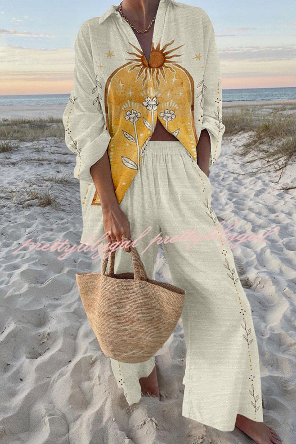 Sunflower Print Oversized Shirt & Elastic Waist Pocket Pants Set for Women - Casual Loungewear, Summer Outfits, and Vacation Wear