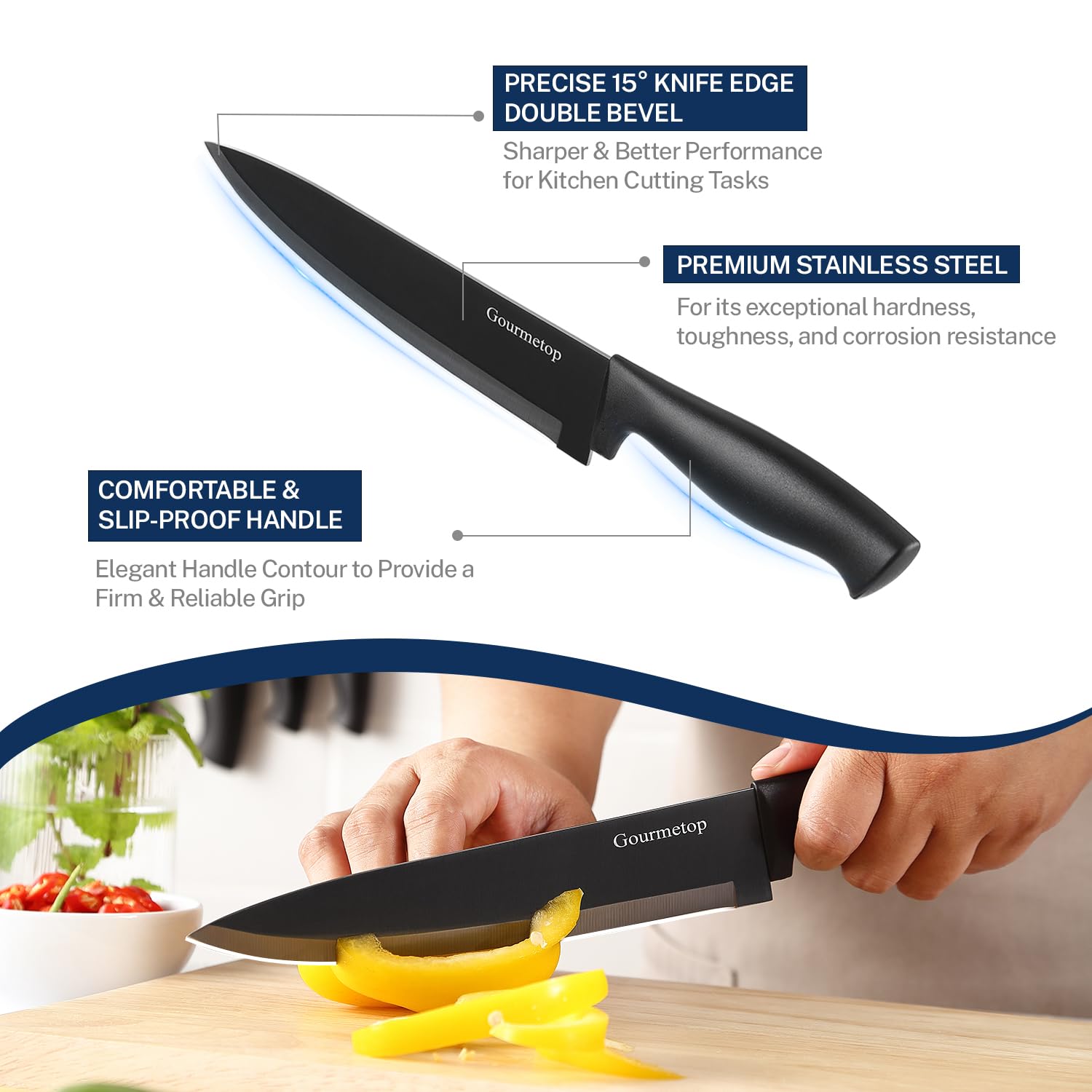 Premium 6-Piece Kitchen Knife Set with Magnetic Strip - No Drilling Required - Professional Stainless Steel Chef Knives for Meat, Vegetables & Fruits - Includes Chef Knife, Utility Knife & Paring Knife - Ideal for Home Cooking, Restaurant Use & Gift Giving