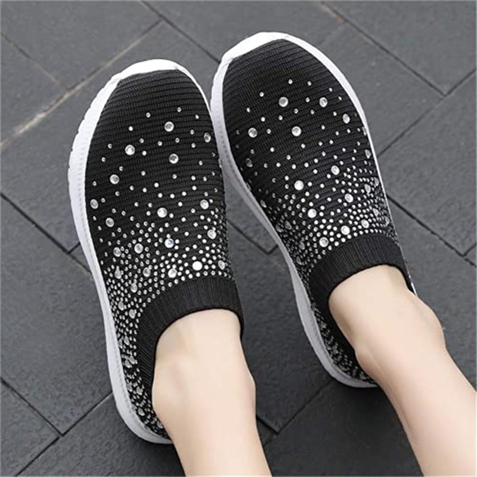 Sparkling Rhinestone Women's Orthopedic Slip-On Walking Shoes - Breathable Knit Loafers with Anti-Slip Sole for Comfort & Style | Perfect for Casual Wear, Office, and Daily Walking