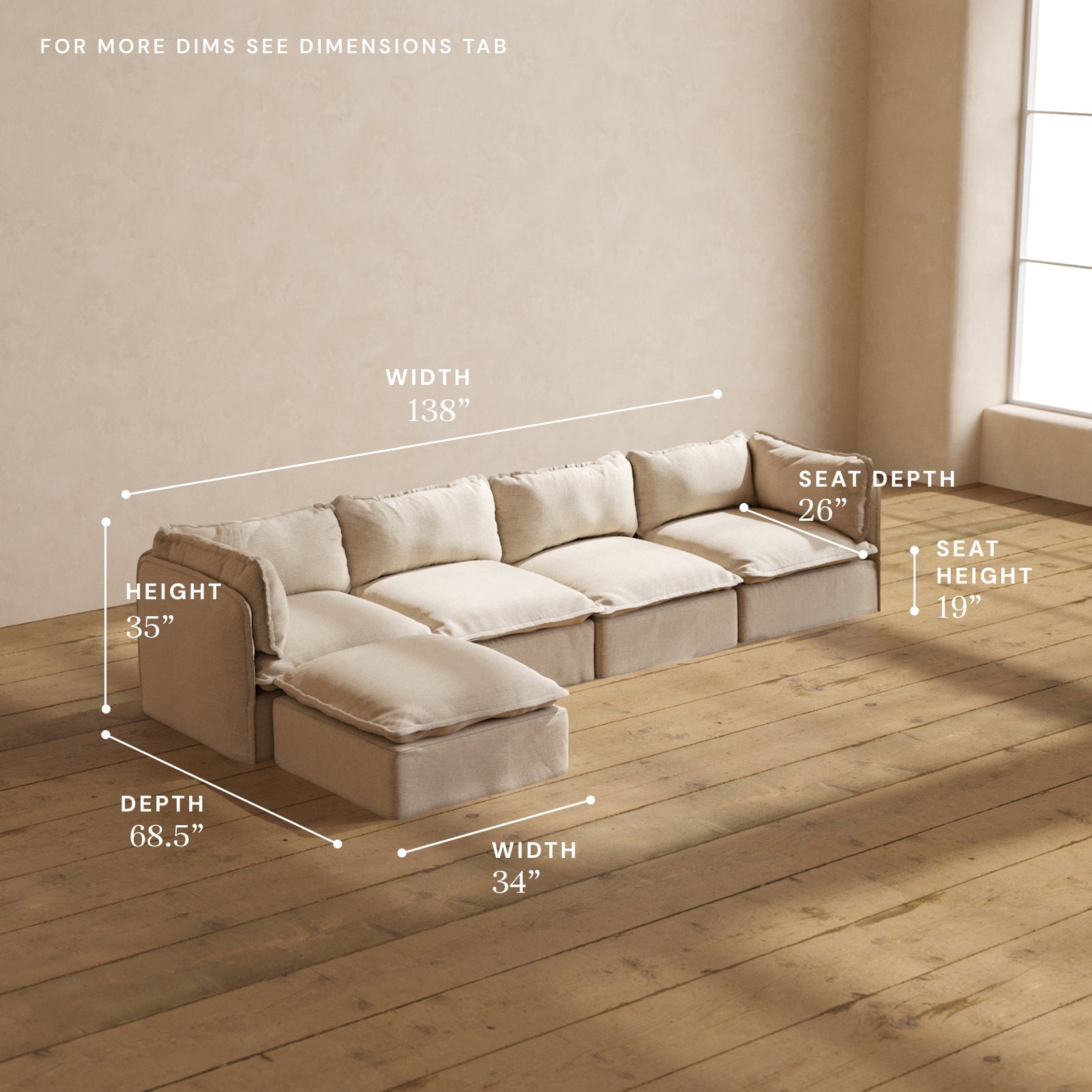 Modular Performance 4-Seater Sectional Sofa in Oat | Relaxed Blend Fabric | Perfect for Living Room, Family Room & Home Theater