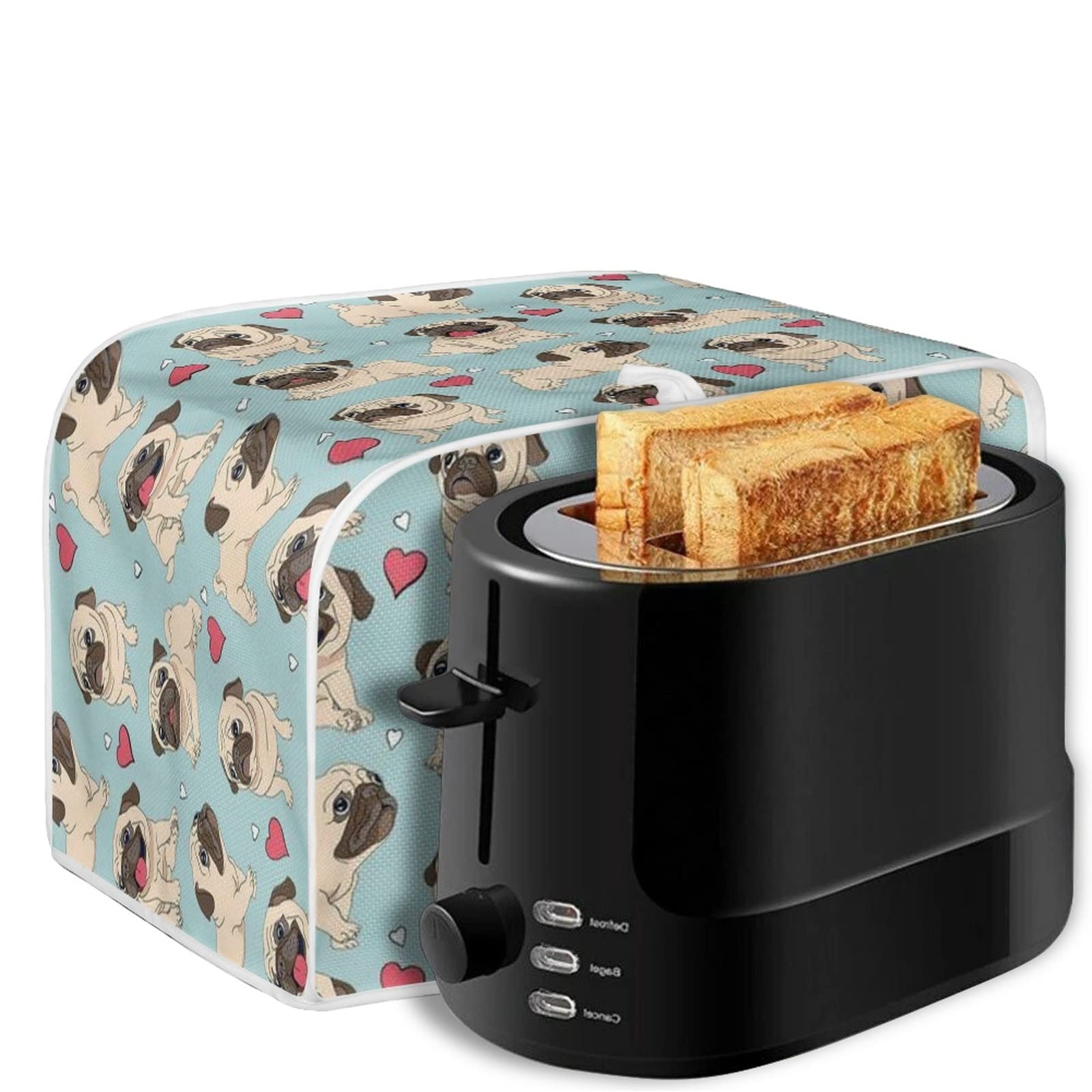 Pug Dog Toaster Oven Cover - Cartoon Puppy Appliance Protector, Red Heart & Blue Design, Large Size 12.4x10.6x8.2 Inches - Perfect for Kitchen Countertop & Small Appliance Protection