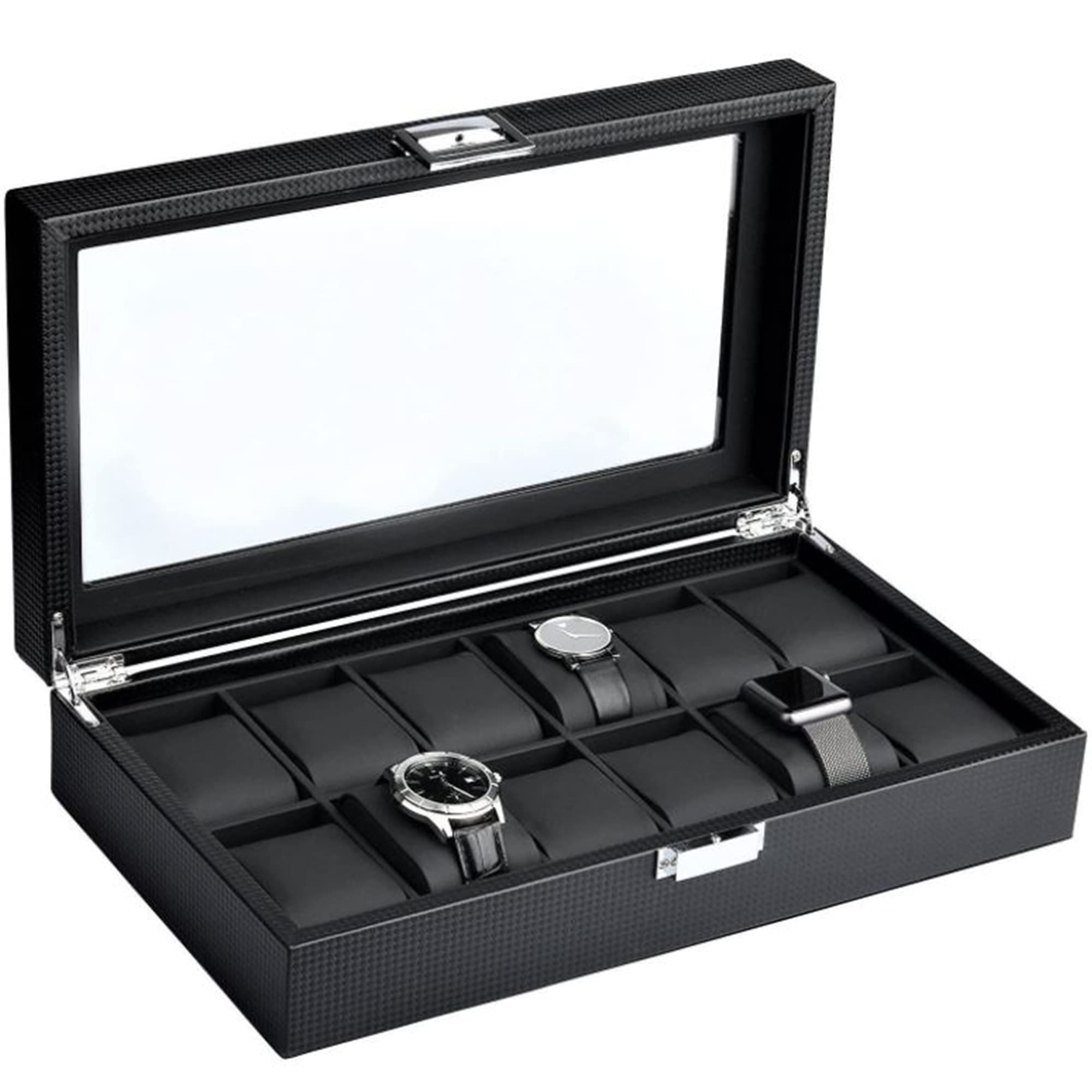 Premium 12-Slot Watch Box for Men - Large Glass Top Watch Case Organizer - Luxury Watch Storage Display (Black) - Perfect for Watch Collectors & Gift Giving