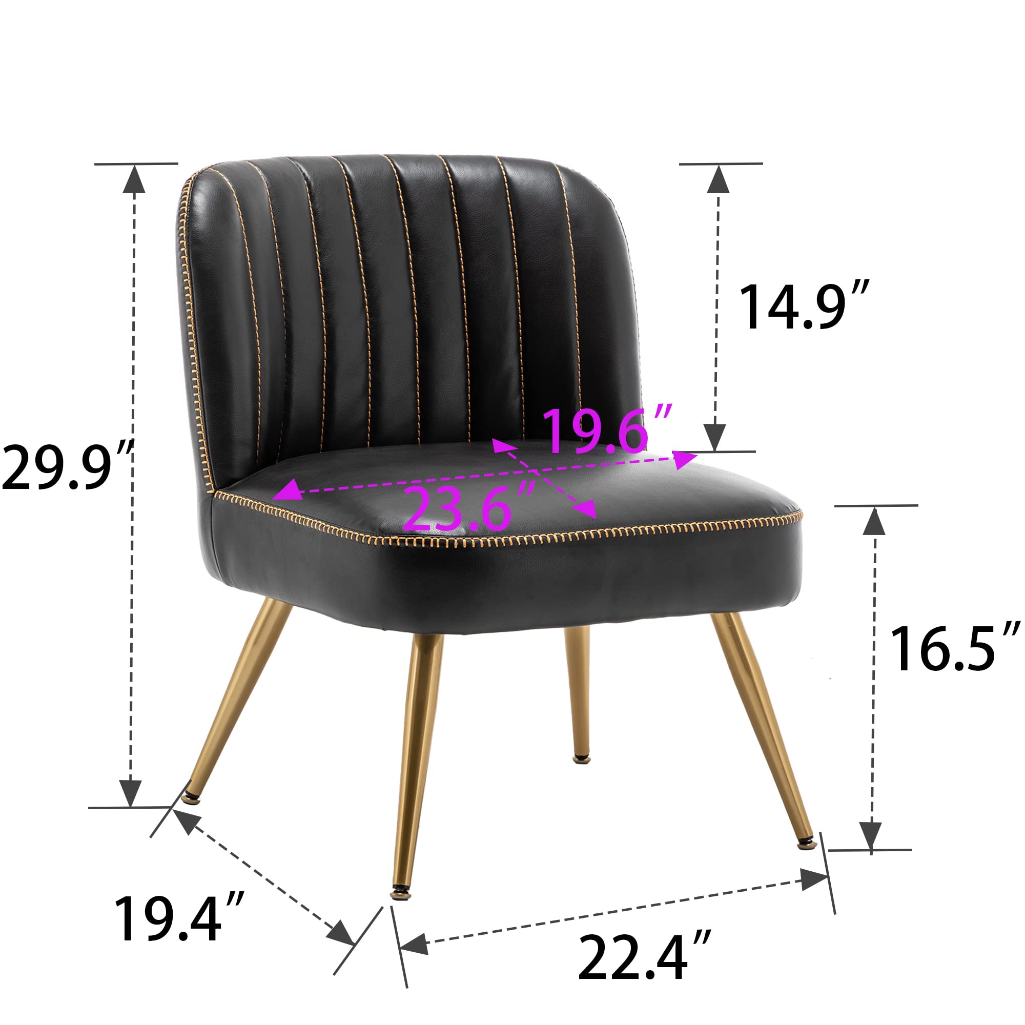 Andeworld 2-Piece Modern Accent Chair Set - Upholstered Leather Living Room Chairs, Elegant Armless Small Side Club Chairs with Golden Legs for Bedroom, Office or Lounge - Black