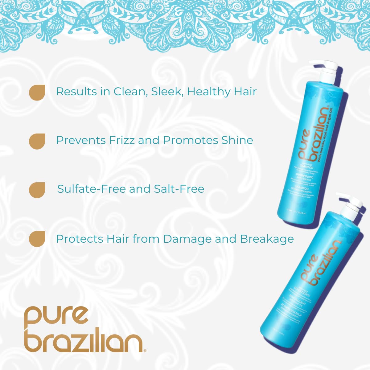 Pure Brazilian Anti-Frizz Shampoo and Conditioner Set - Keratin, Argan Oil & Acai Enriched - Salt-Free & Color Safe Hair Care - 1 Liter (33.8 Fl Oz) - Perfect for Dry, Damaged & Frizzy Hair - Daily Use for Smooth & Shiny Locks