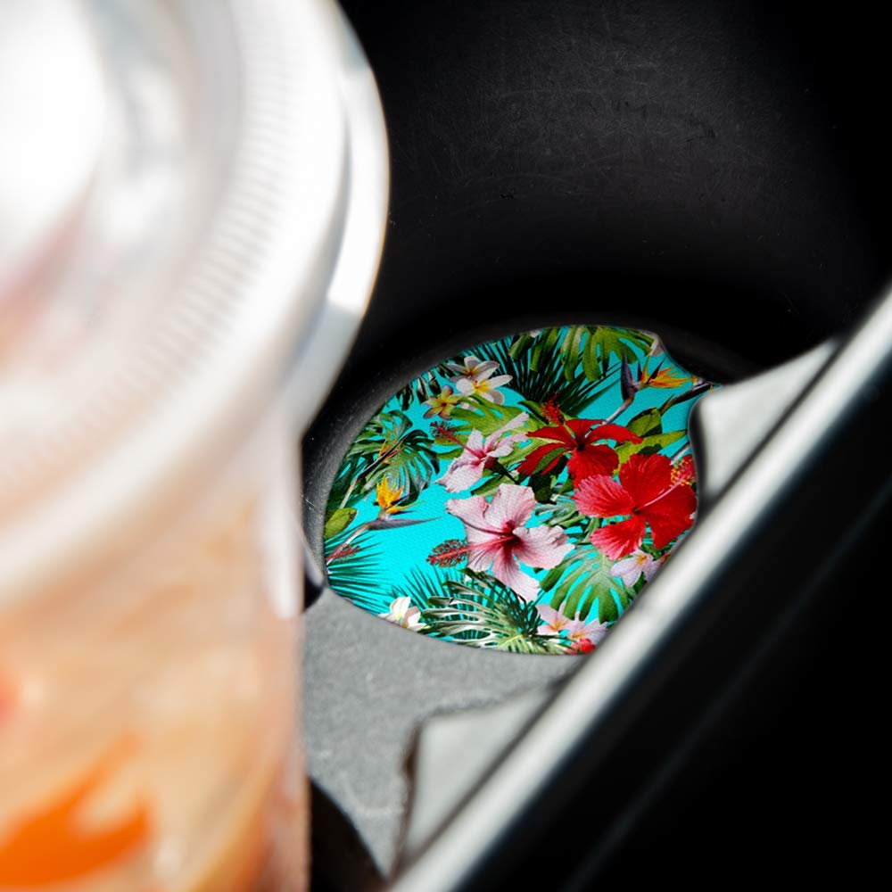 Premium Tropical Red Hibiscus Car Coasters Set of 2 - Absorbent Drink Coasters with Non-Slip Rubber Backing (2.56 Inch) - Perfect Car Accessories for Coffee, Soda & Water Cups - Great for Road Trips, Commuting & Daily Driving