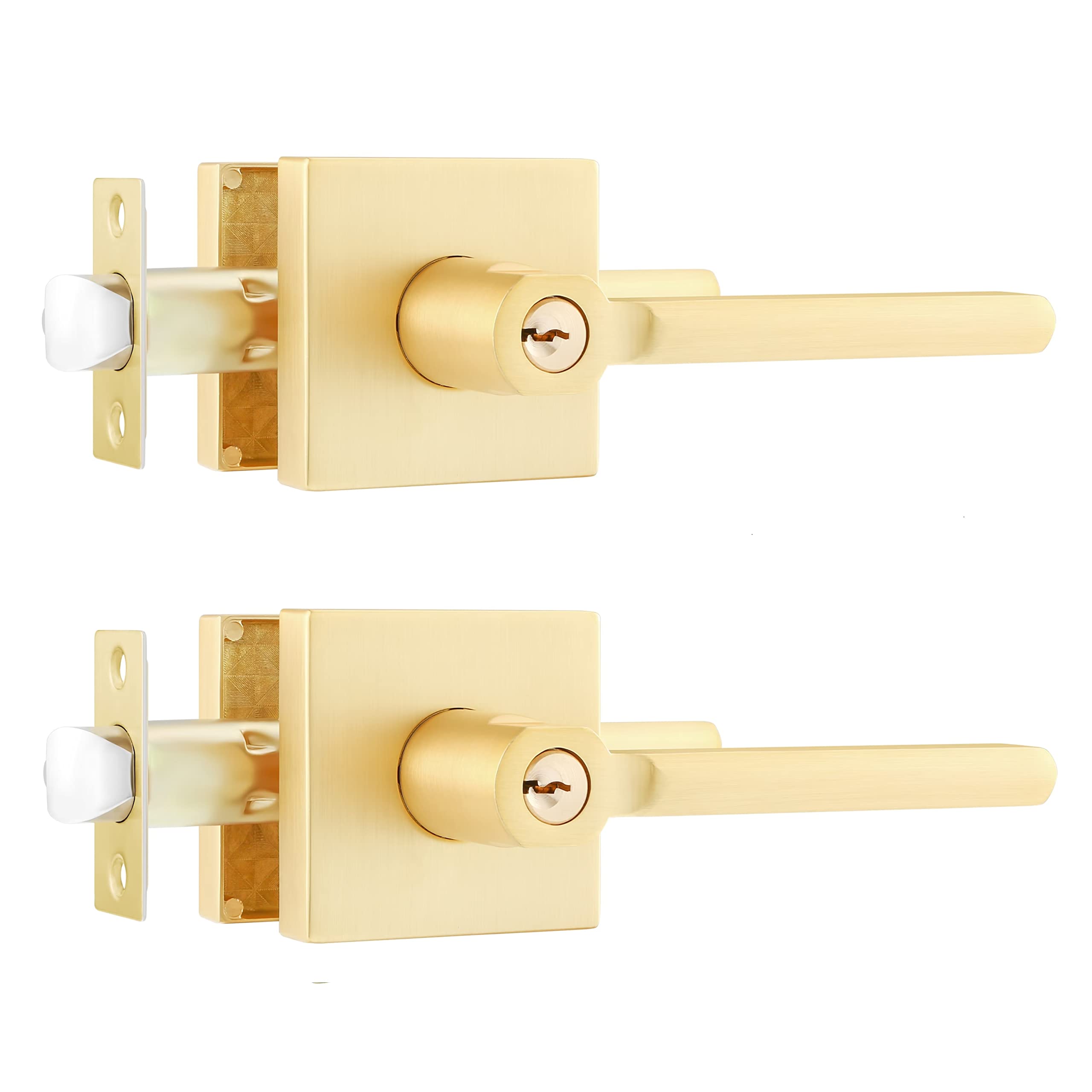 2 Pack Heavy Duty Exterior Keyed Entry Door Handleset - Gold Lever Handle with Lock & Key (Keyed Alike, Left/Right Handed) - Perfect for Home, Office & Commercial Security Doors
