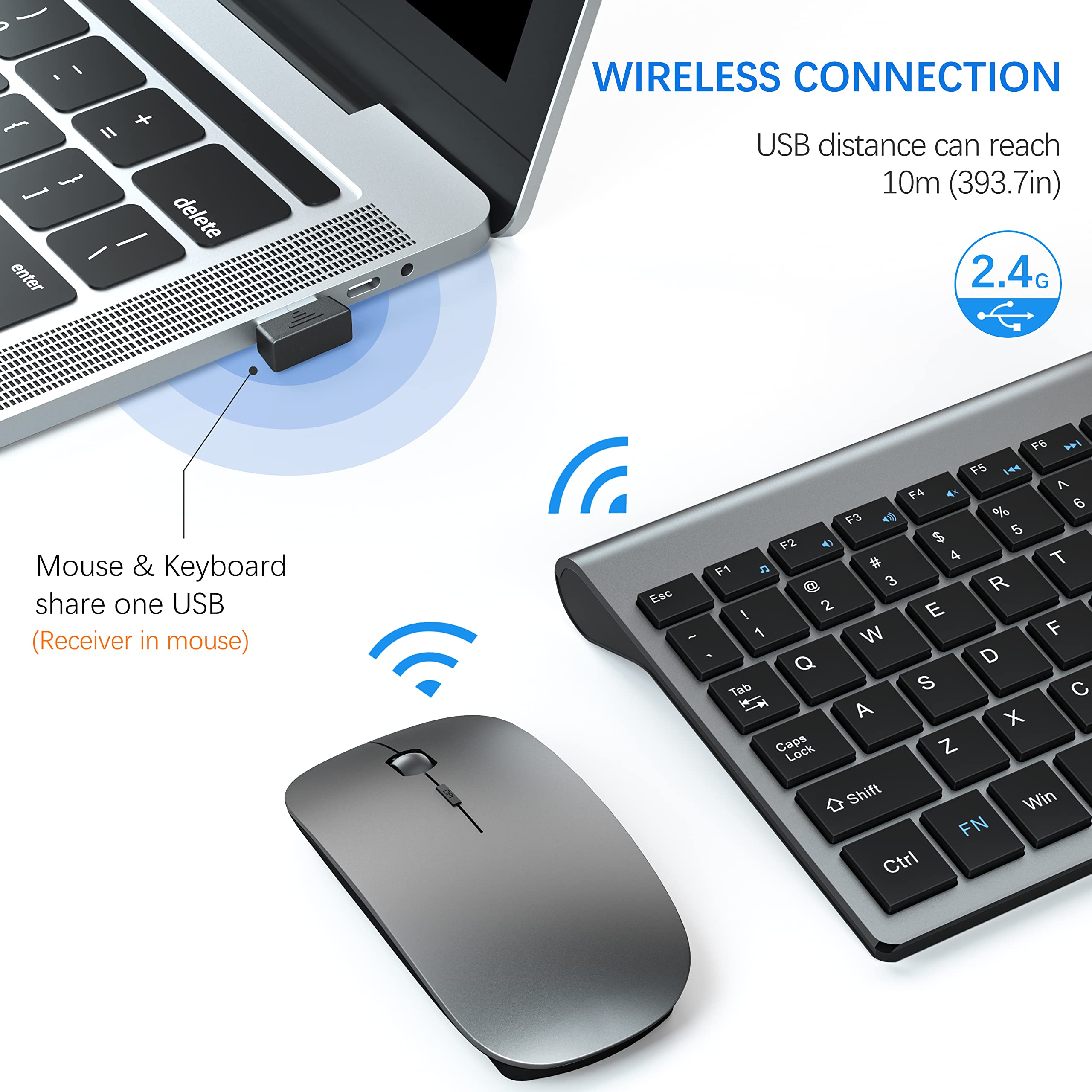 TopMate Ultra Slim Wireless Keyboard and Mouse Combo - 2.4G Silent Compact USB Mouse with Scissor Switch Keyboard, Includes Cover & Batteries (2AA/2AAA) - Compatible with PC, Laptop, Windows, Mac (Gray Black) - Perfect for Home Office, Remote Work, and Gaming Setup