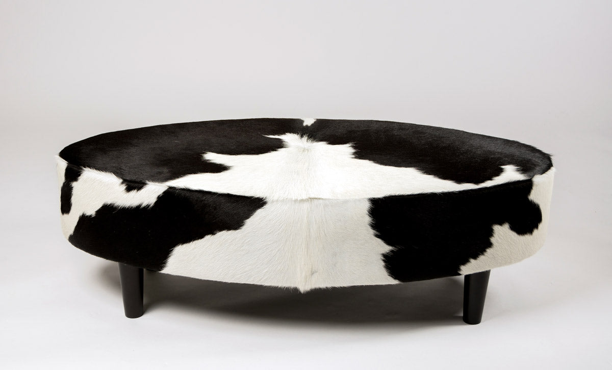 Premium Cowhide Ottoman with Oval Wooden Legs - 120x60x38cm Luxury Footstool, Coffee Table & Living Room Decor for Modern Home