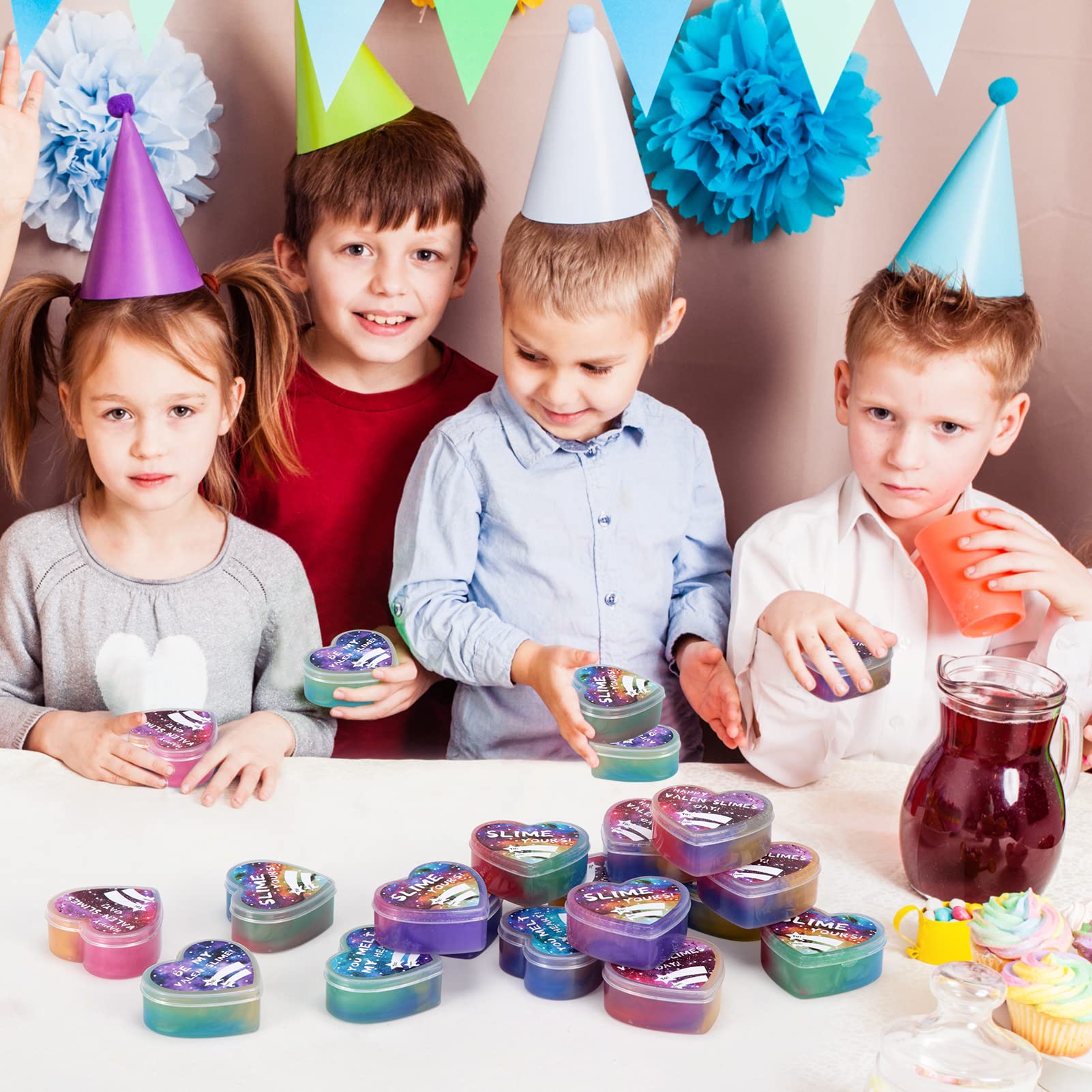 28-Pack Valentine's Day Galaxy Slime Hearts for Kids - Valentine's Party Favors with Greeting Cards - Perfect for Classroom Exchanges, Birthday Gifts & Sensory Play Activities