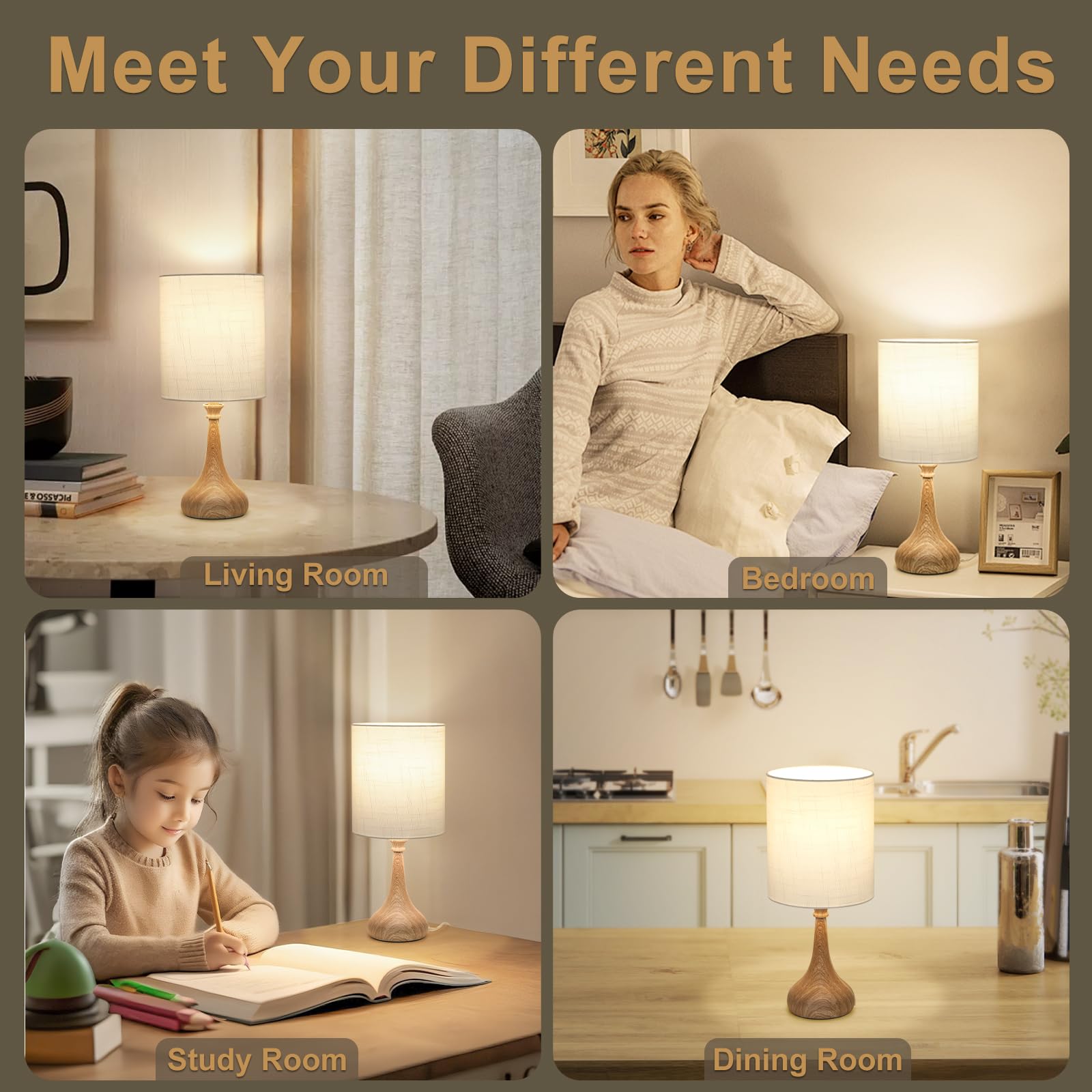 Dimmable Touch Control Table Lamp with Wood Grain Base - 9W 3000K LED Bedside Night Light for Bedroom, Office & Living Room | Perfect for Reading, Relaxing & Nightstand Decor