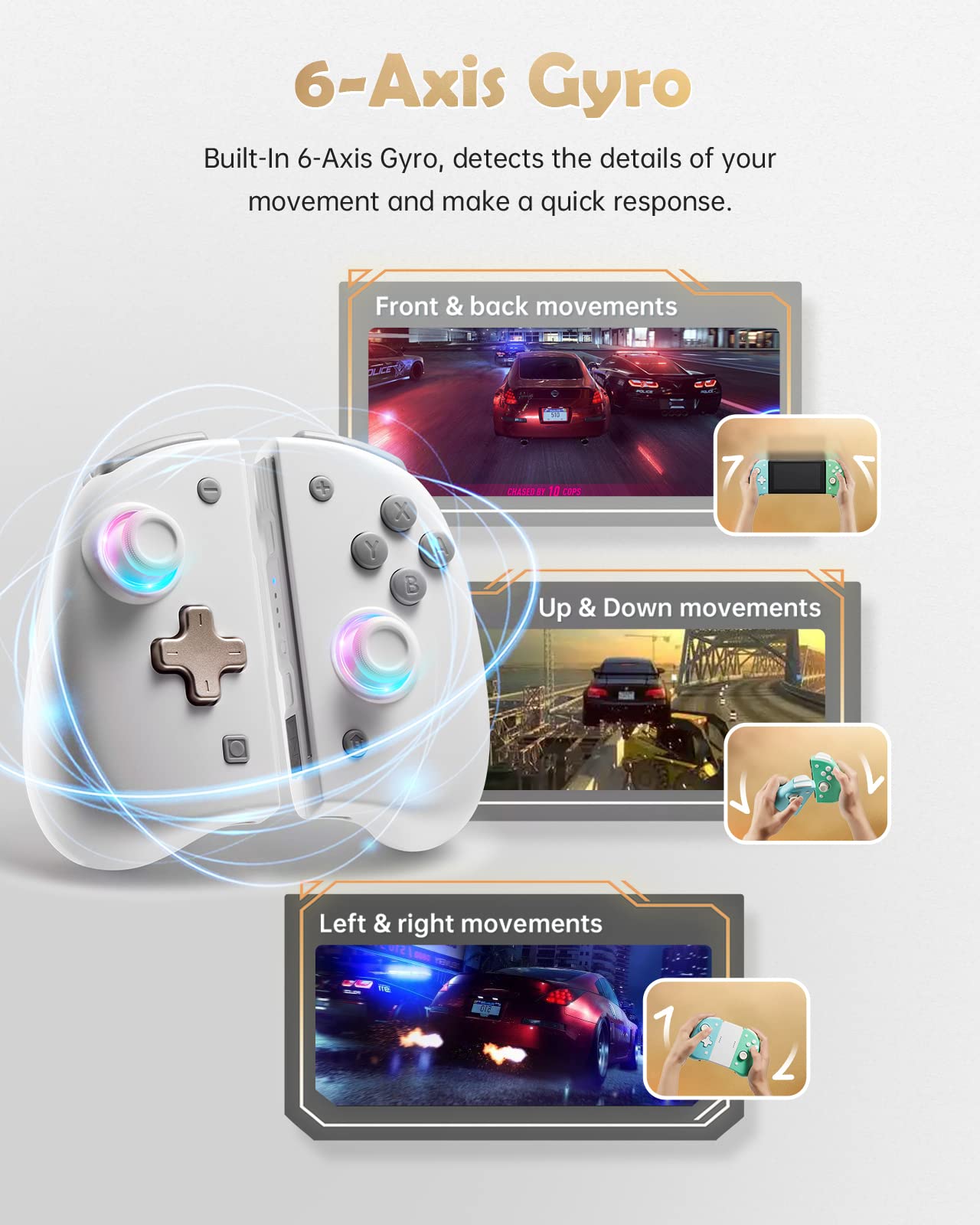 DOYOKY Binbok Wireless Joy Pad Controller for Nintendo Switch & Switch OLED - 8 Color Adjustable LED, Back Map Button, Turbo, Motion Control (White & Grey) - Perfect for Gaming, Party Play & Family Entertainment