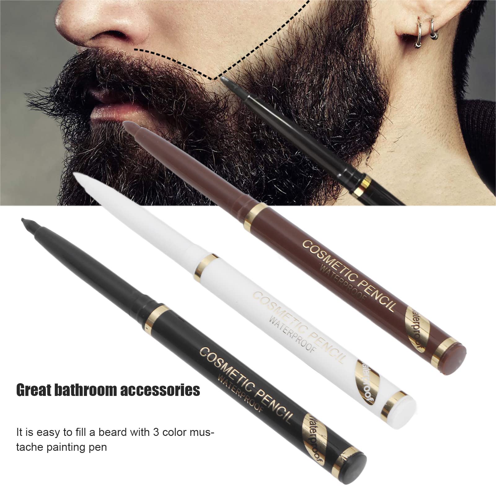 Beard Filler Pen for Men - 3 Pack Beard Contour Pencils in White, Black & Brown - Natural Looking Facial Hair Enhancer & Color Touch Up - Perfect for Sparse Beards, Patchy Areas & Grooming Routine (Home, Travel, Daily Use)