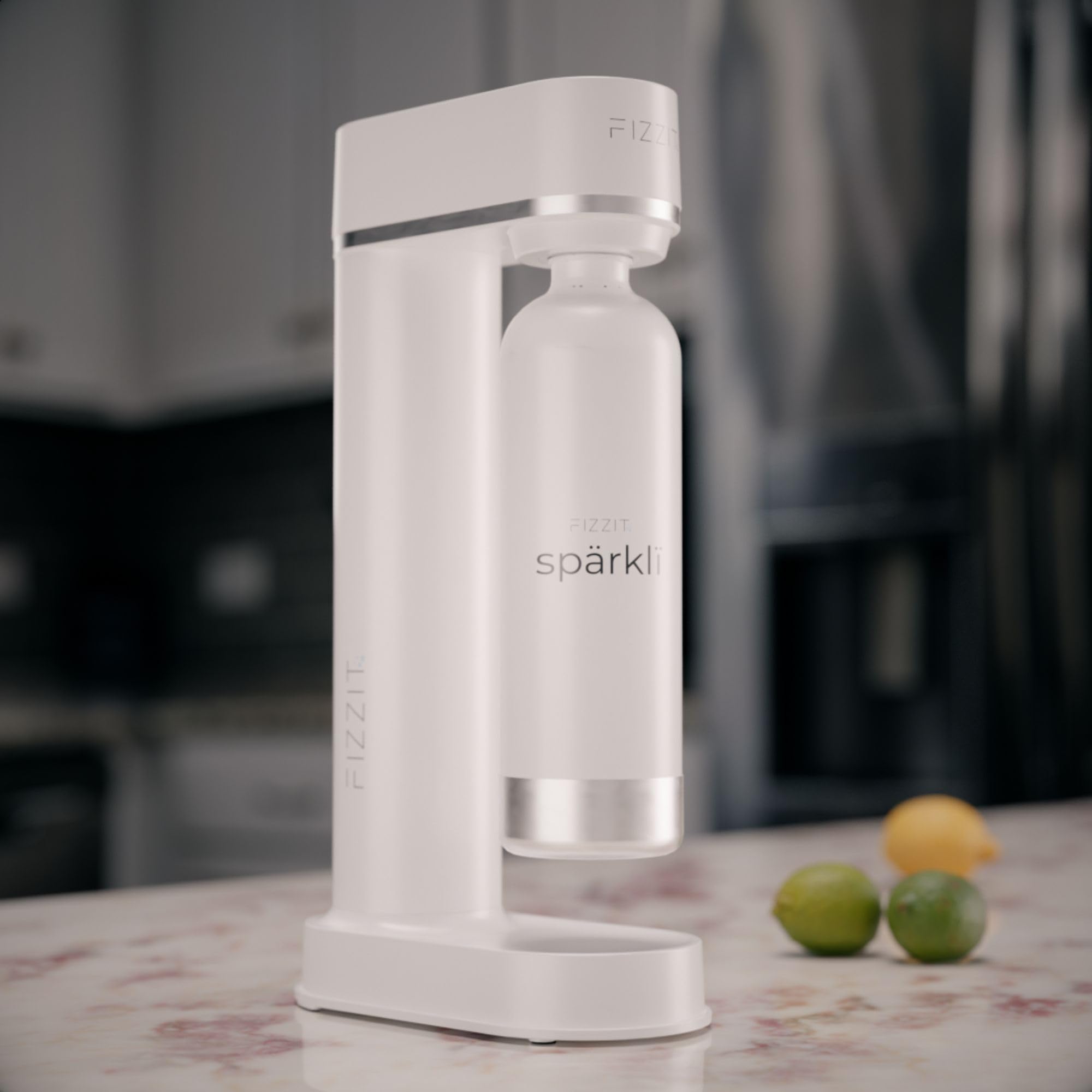 Premium White Stainless Steel Sparkling Water Maker & Soda Machine with CO2 Cylinder - Includes 1L Reusable BPA-Free Bottle for Home Carbonation | Perfect for Healthy Drinks, Cocktails & Party Beverages