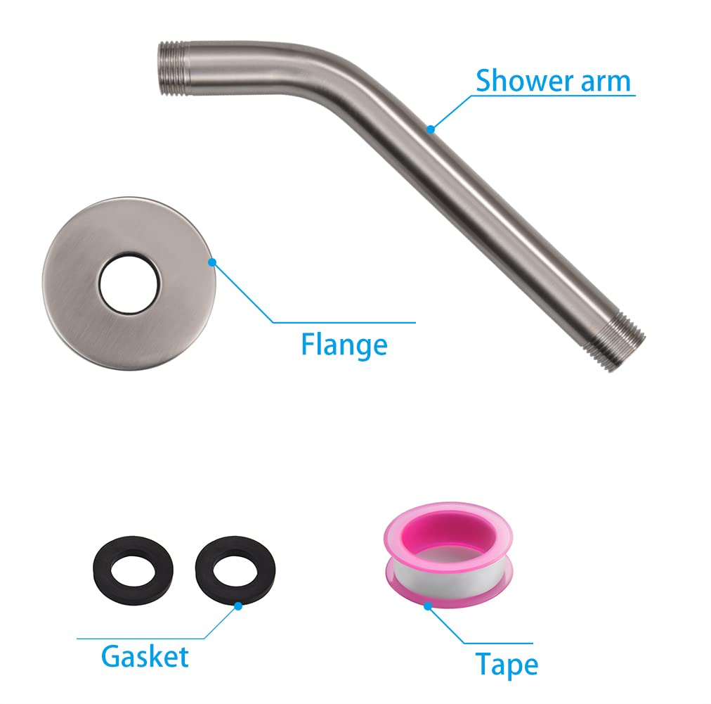 Enoughtmen 10 Inch Brushed Nickel Shower Arm with Flange - Stainless Steel Shower Head Extension Arm for Fixed Shower Heads - Wall Mounted Shower Extender for Bathroom & Spa Renovation
