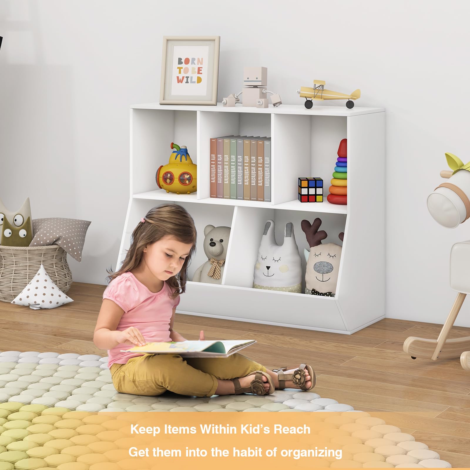 COOURIGHT 5-Cubby Wooden Toy Storage Organizer with Bookshelf - Kids Toy Cabinet for Playroom, Bedroom, Nursery, Living Room, Hallway, Kindergarten & School - Perfect for Organizing Toys, Books & Decor