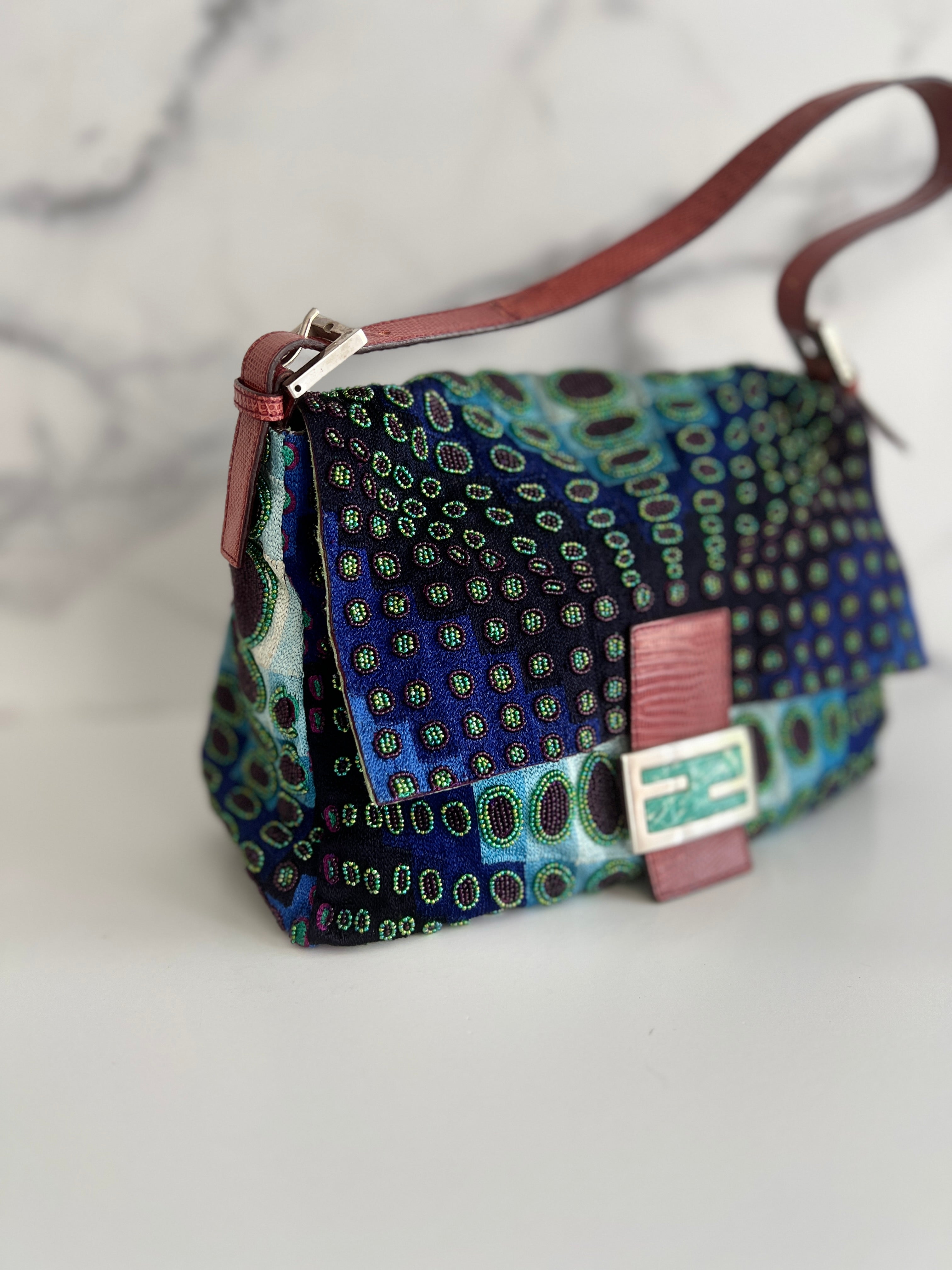 Fendi Mamma Size Deep Ocean Beaded Baguette Bag - Luxury Designer Crossbody Purse for Women, Perfect for Evening Parties & Special Occasions