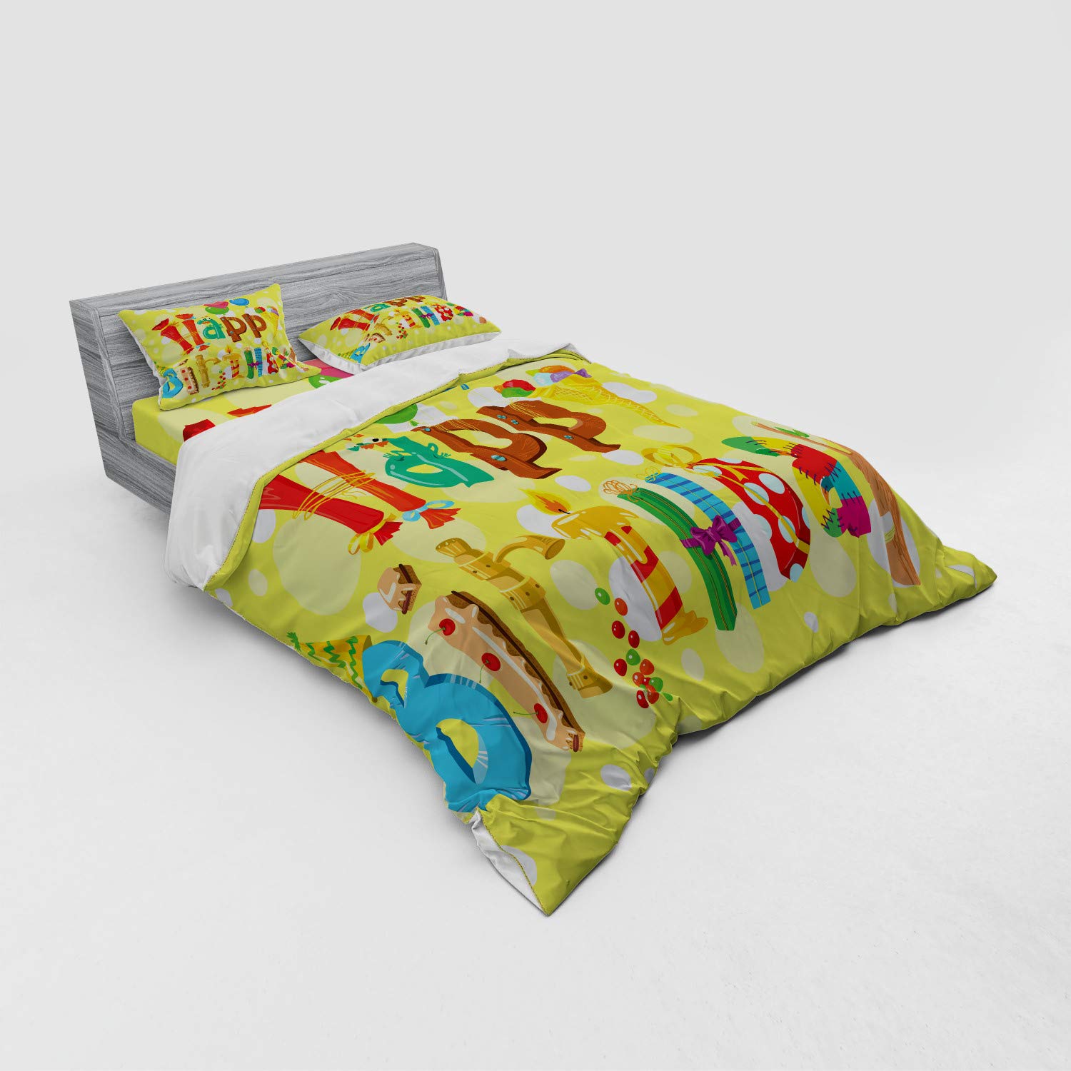 Ambesonne Birthday Duvet Cover Set - Fun Ice Cream, Candies & Balloons Design - 4 Piece Queen Size Bedding Set with Shams & Fitted Sheet - Perfect for Birthday Parties, Kids Rooms & Gift Giving