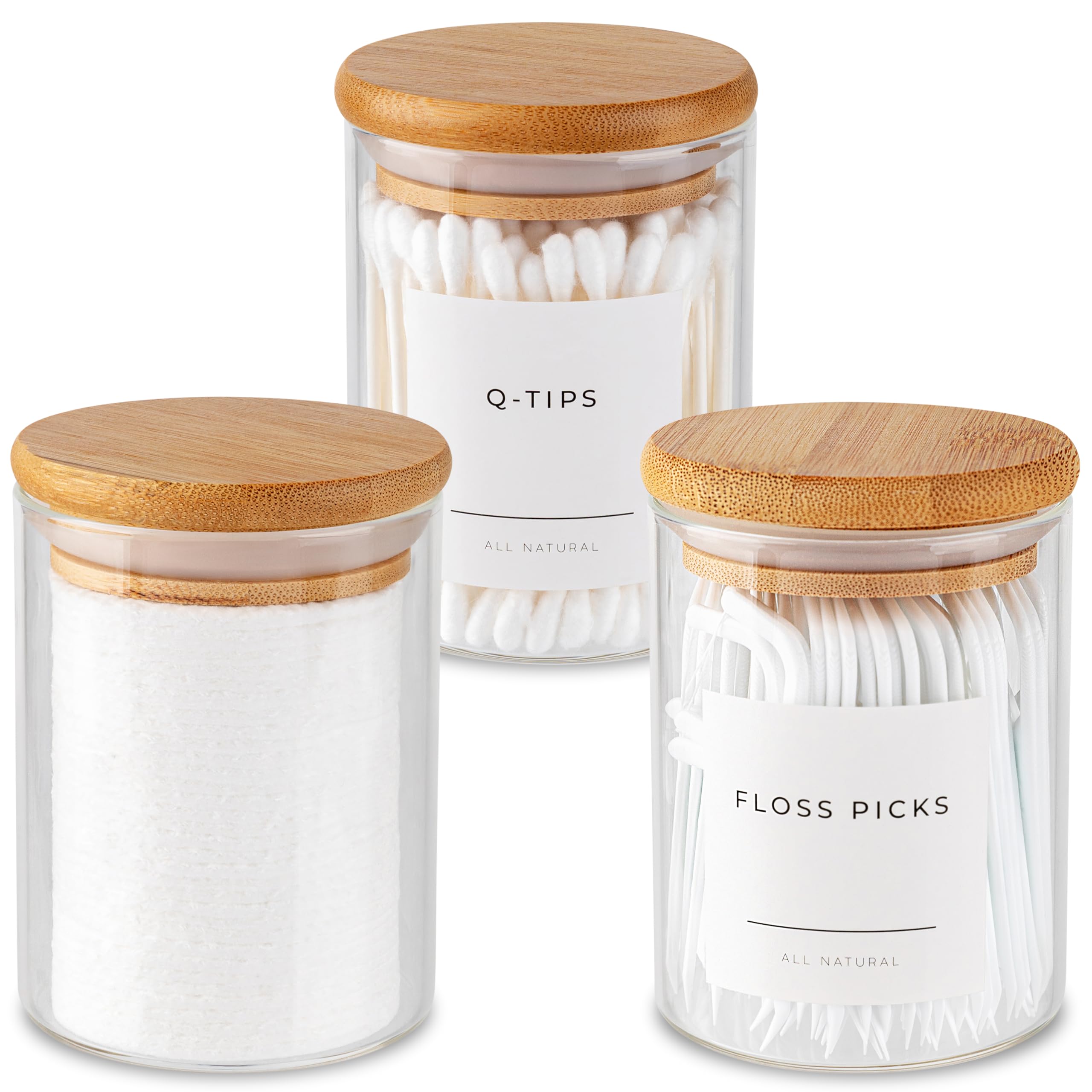 Mini Glass Apothecary Jars with Bamboo Lids - 10 oz Set of 3 | Bathroom & Kitchen Storage Containers for Cotton Balls, Pads, Swabs | Perfect for Vanity Organizer, Countertop Decor, Spice Jars & DIY Craft Supplies