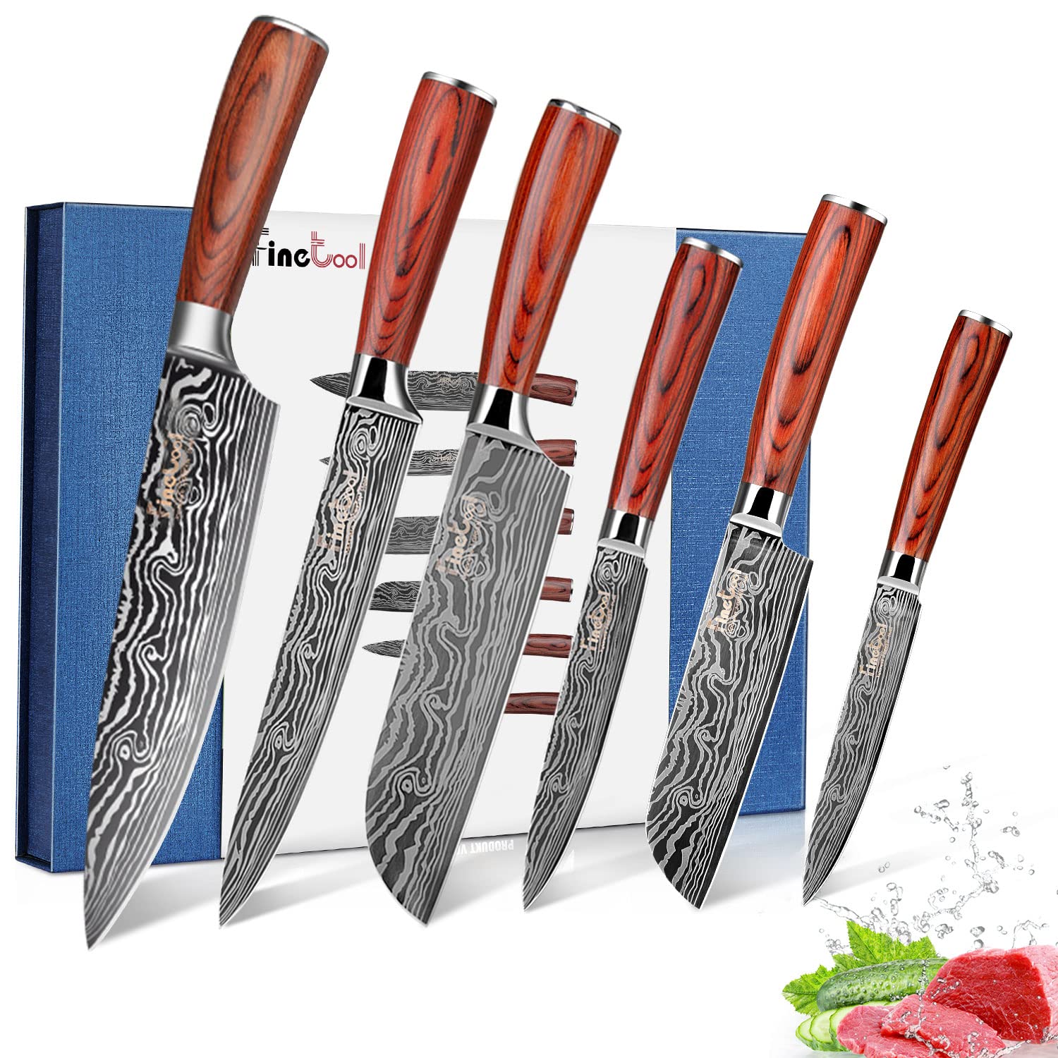 Premium Japanese 7Cr17MOV High Carbon Stainless Steel 6-Piece Chef Knife Set - Professional Kitchen Knives with Red Solid Wood Handle for Meat, Vegetable & Cooking | Perfect for Home Chefs, Culinary Gifts & Restaurant Use