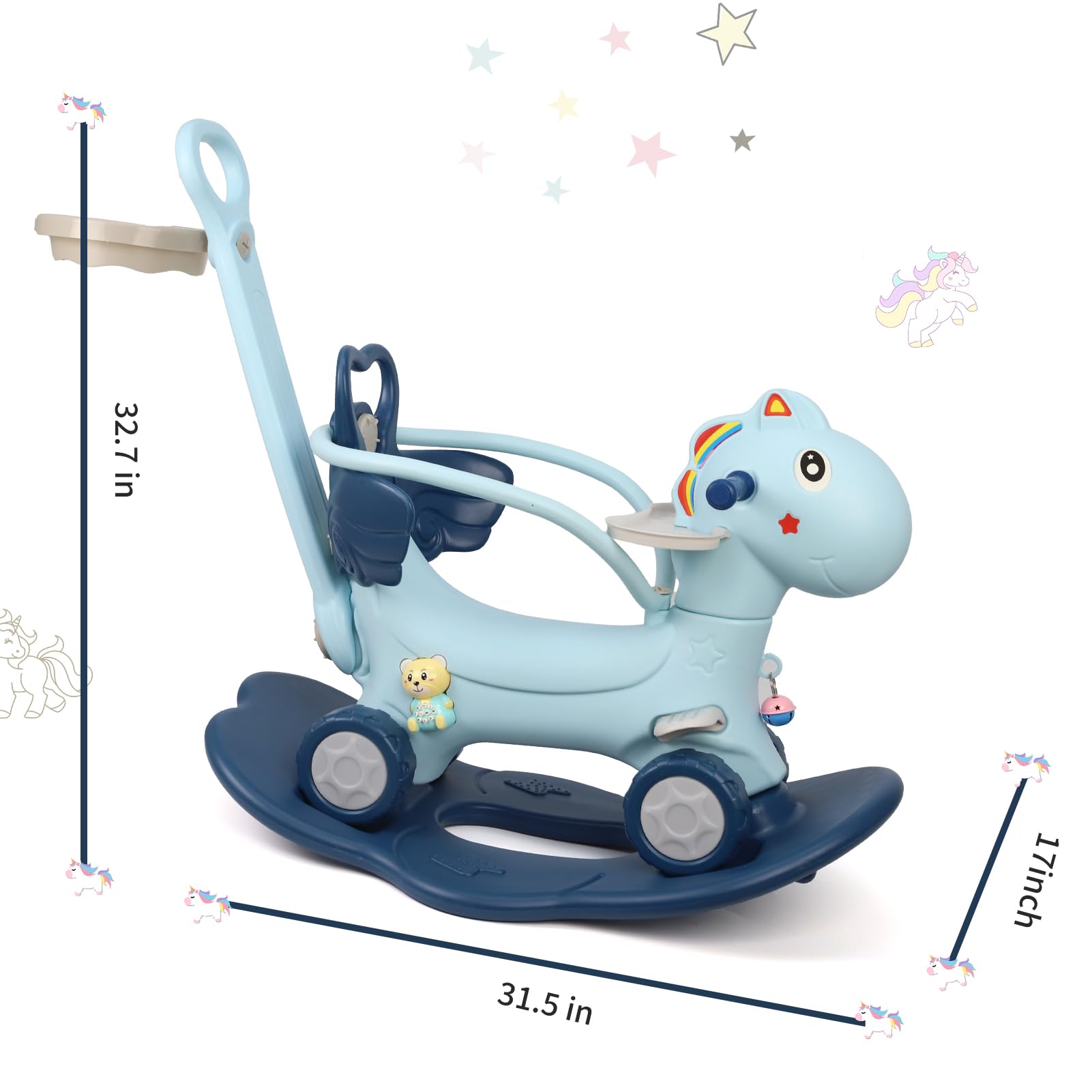 **4-in-1 Rocking Horse & Balance Bike for Toddlers 1-3 Years Old – Push Handle, Backrest & Balance Board – Unicorn Ride-On Toy for Boys & Girls – Perfect for Indoor Play, Birthday Gifts & Early Learning (Blue)**