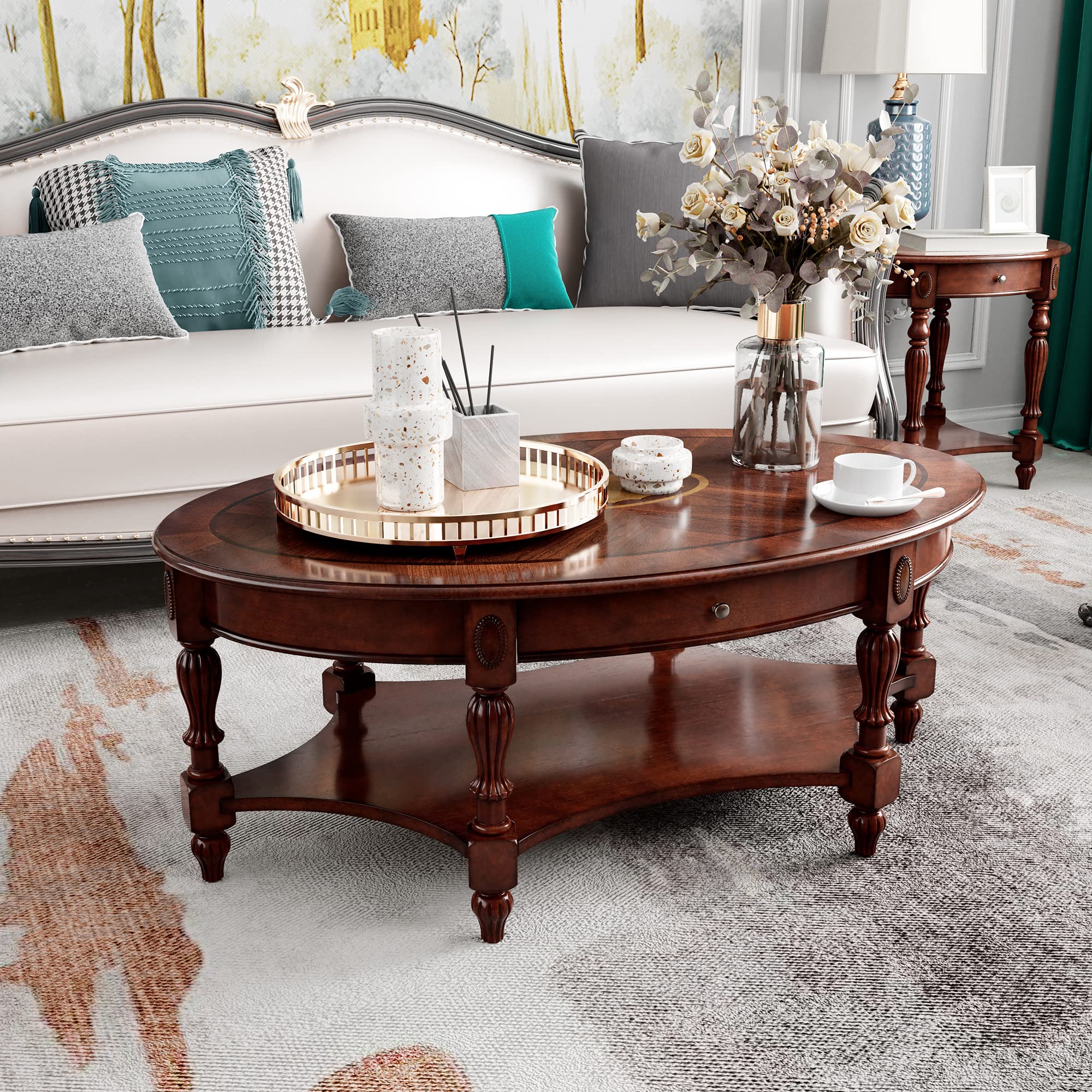 Solid Wood Oval Coffee Table with Drawer - 44.9