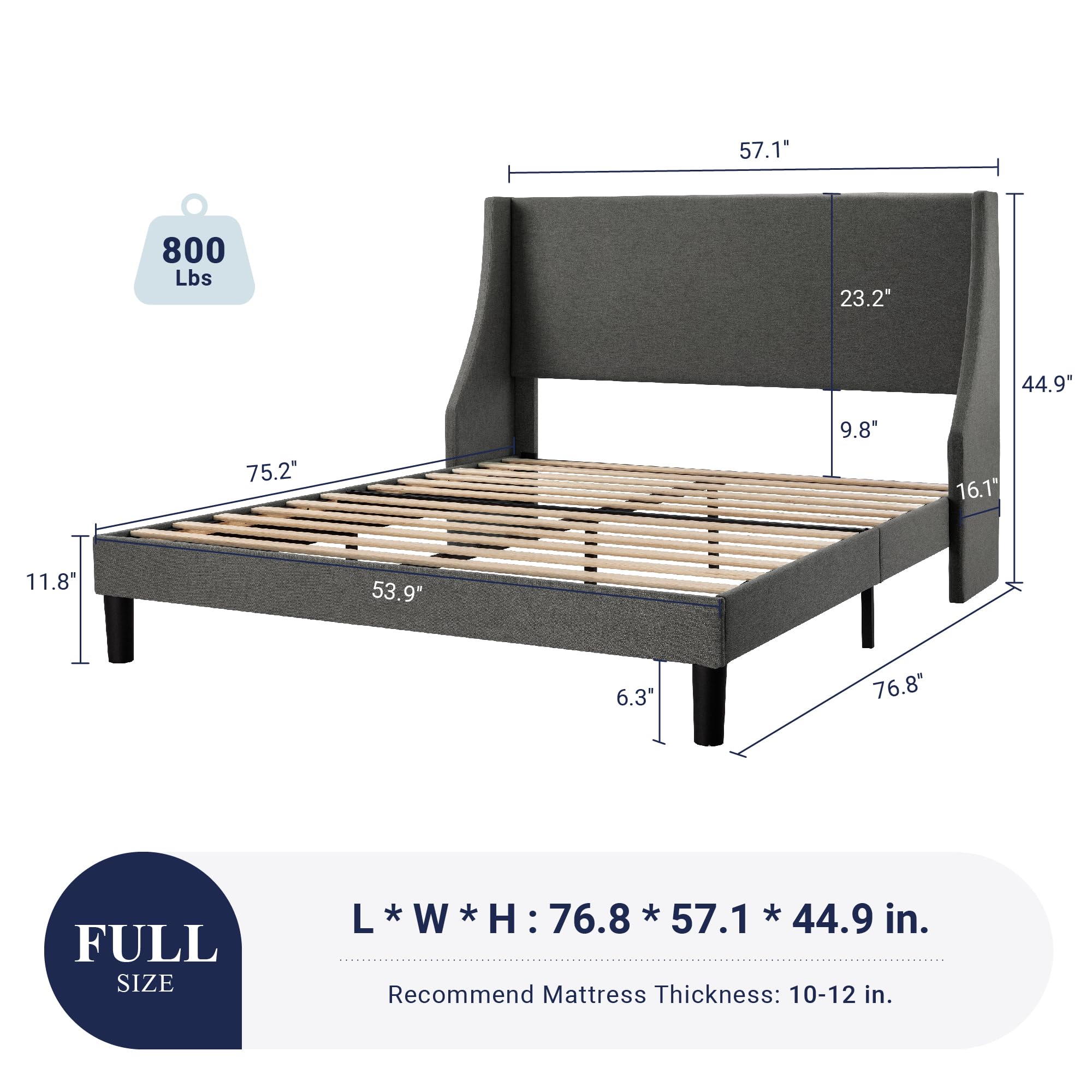 Allewie Full Size Platform Bed Frame with Upholstered Headboard - Modern Wingback Design, Wood Slat Support, Dark Grey - Perfect for Master Bedroom, Guest Room & Small Space