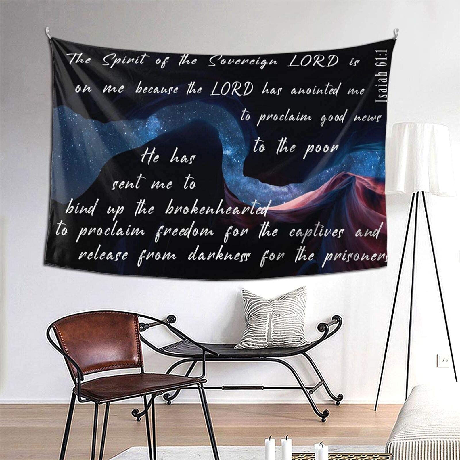 Christian Galaxy Tapestry with Bible Verses - Isaiah 61:1 & Serenity Prayer Wall Hanging Decor (90x60 inches) for Bedroom, Living Room & Prayer Space - Inspirational Home Aesthetic & Spiritual Room Decor