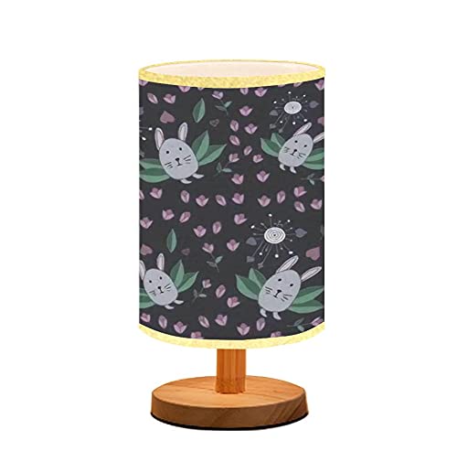 Modern Nightstand Lamp with Cute Abstract Bat & Pink Tulips Design - Wooden Base & Flaxen Fabric Shade for Bedroom, Living Room, Nursery - Perfect for Reading, Breastfeeding & Ambient Lighting