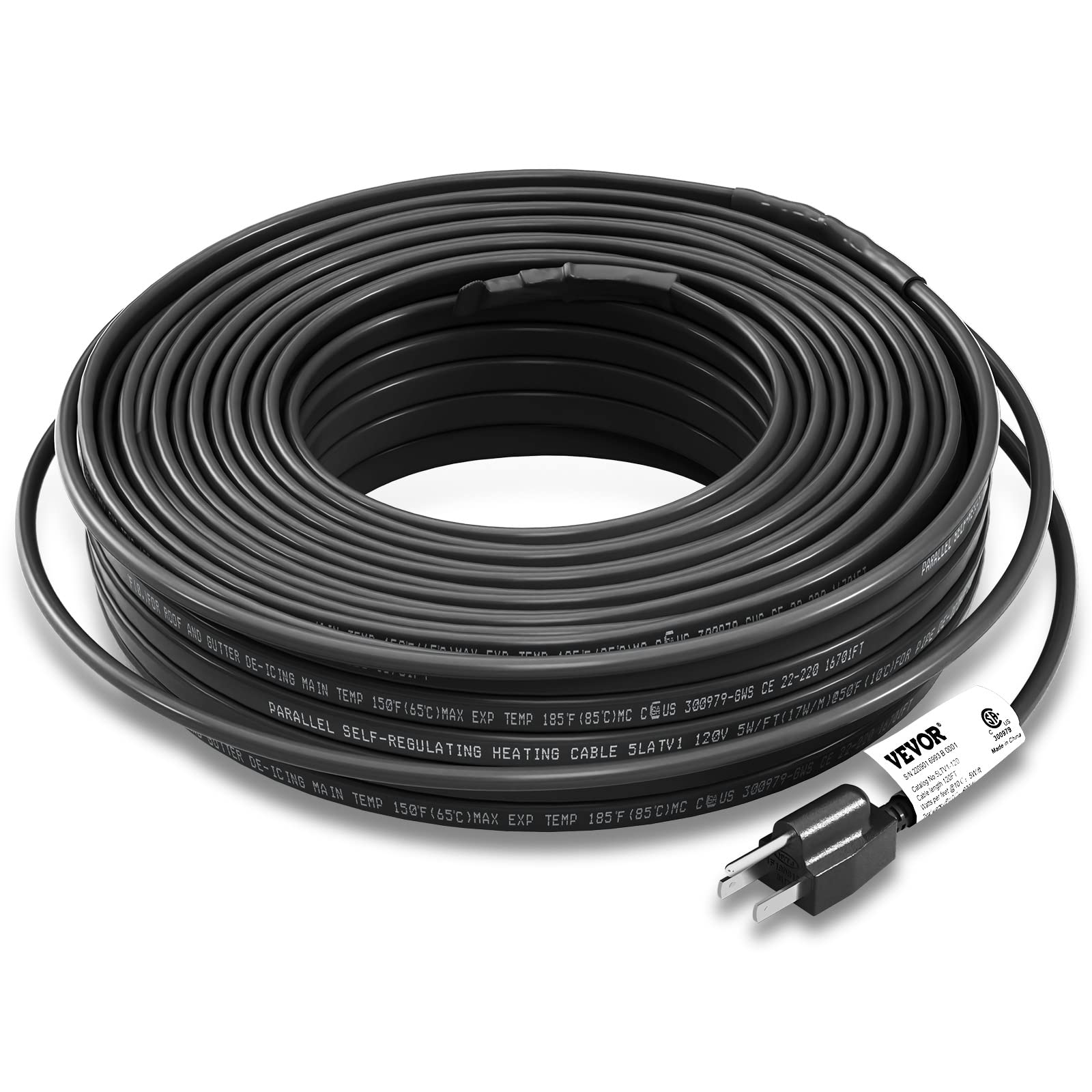 VEVOR Self-Regulating Pipe Heating Cable 120ft - 5W/ft Heat Tape for Freeze Protection - Roof Snow Melting & Gutter De-Icing - 120V Water Pipe Heater for Home, RV & Outdoor Use in Winter