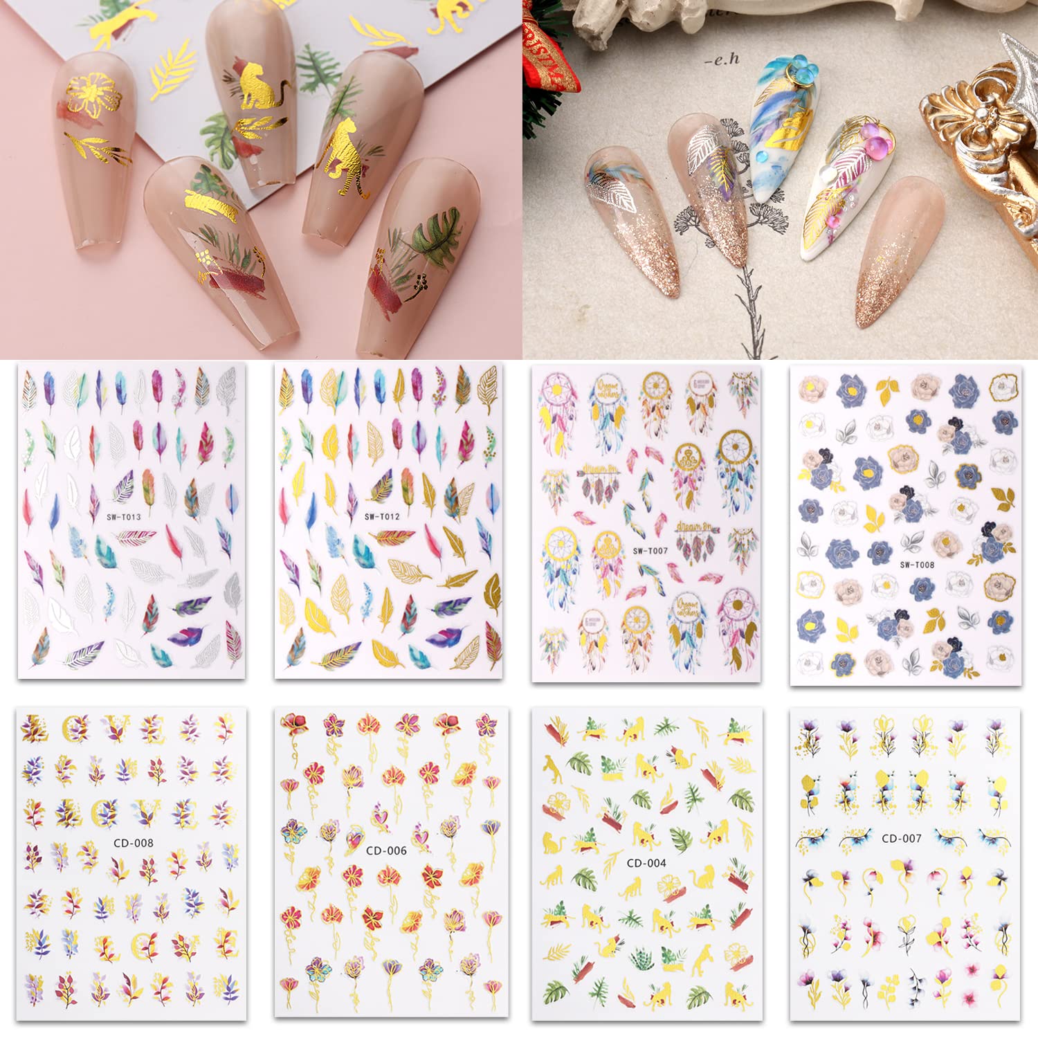Fall Flower & Feather Nail Art Stickers - 8 Sheets Self-Adhesive Nail Decals for Women & Girls - Perfect for Autumn Nail Designs, Halloween Decorations & Party Manicures