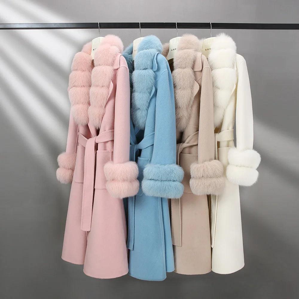 Luxury Women's Long Wool Coat with Detachable Fox Fur Collar - Winter Warm Elegant Trench Coat for Office, Party & Formal Occasions